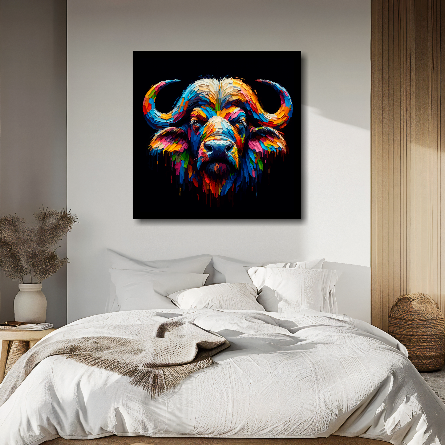Large canvas wall art - A vibrant multi-coloured head portrait of a Buffalo. Available in 3 large sizes.