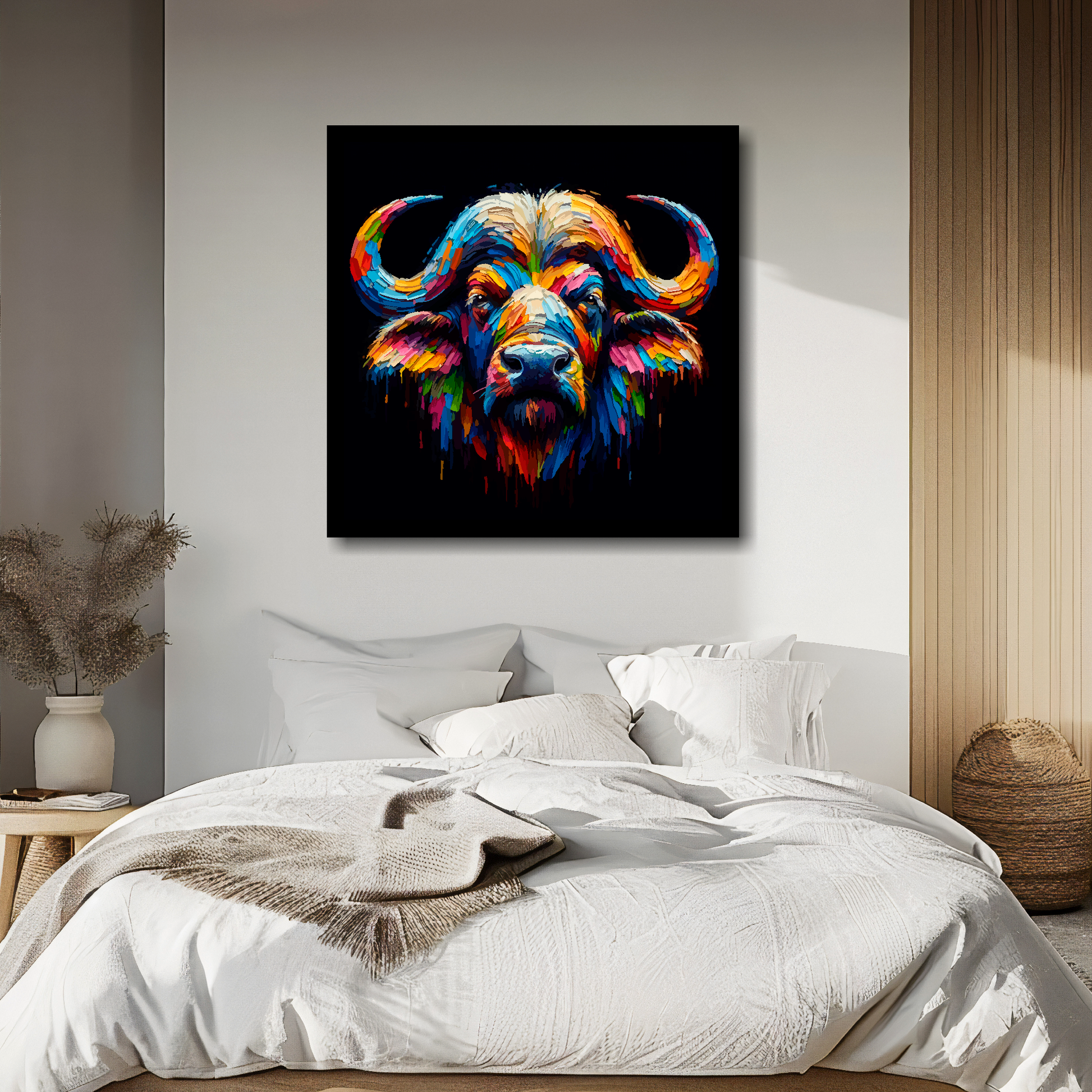 Large canvas wall art - A vibrant multi-coloured head portrait of a Buffalo. Available in 3 large sizes.