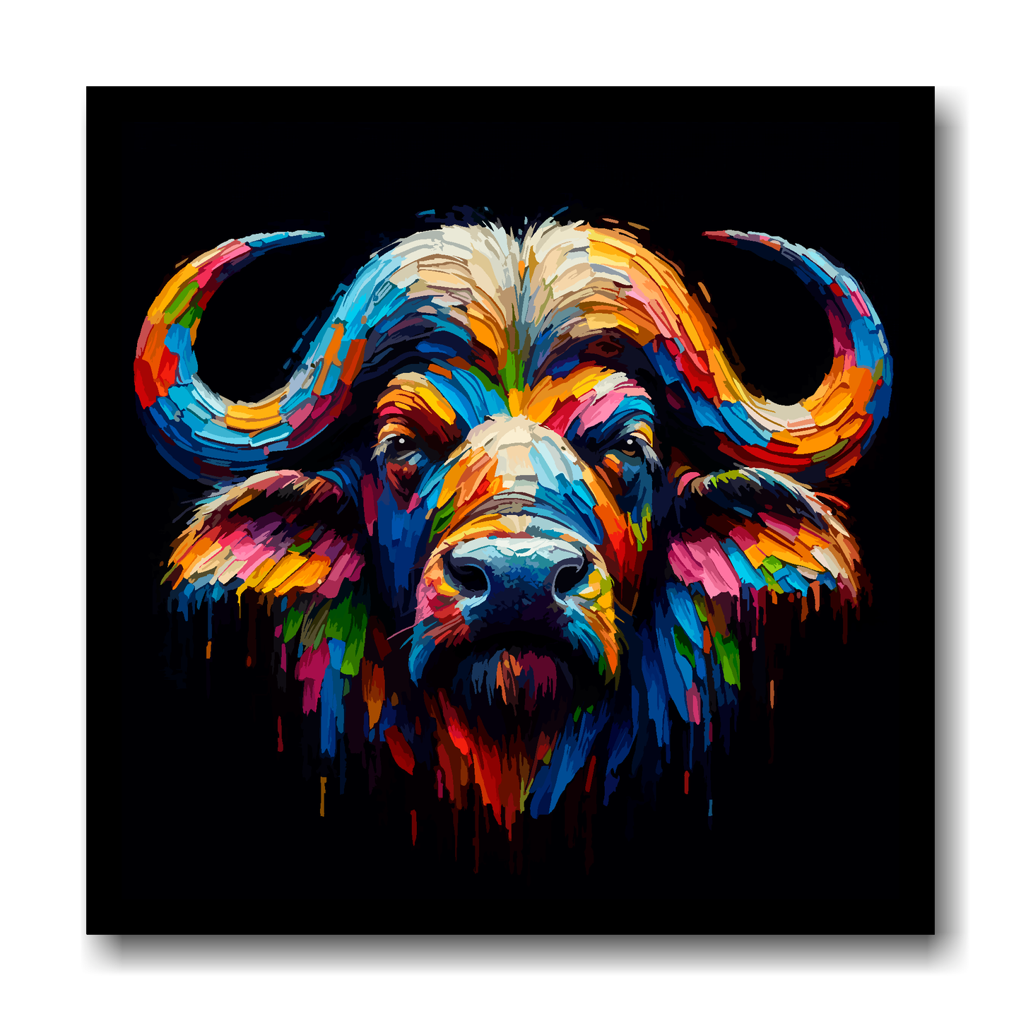 Large canvas wall art - A vibrant multi-coloured head portrait of a Buffalo. Available in 3 large sizes.