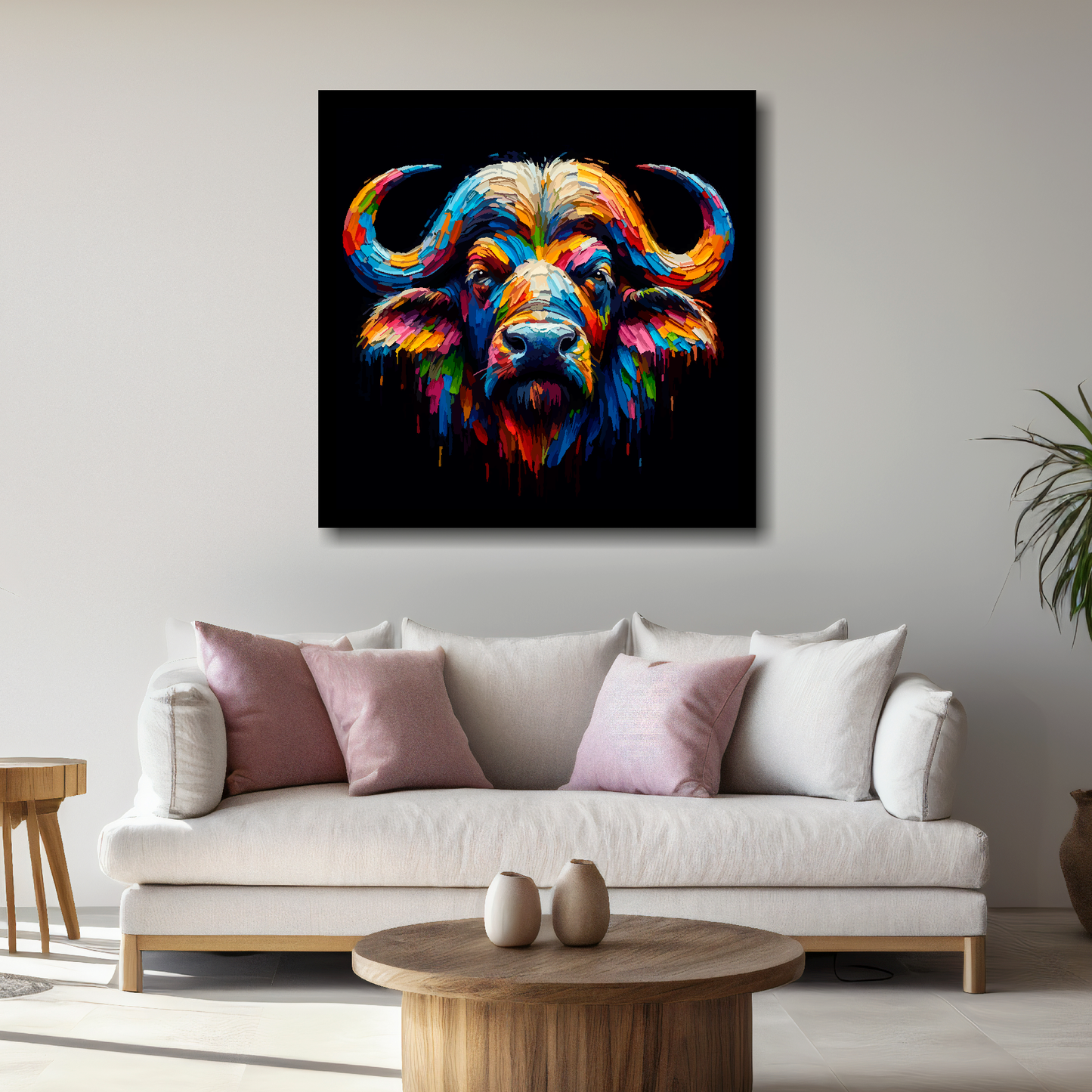 Large canvas wall art - A vibrant multi-coloured head portrait of a Buffalo. Available in 3 large sizes.