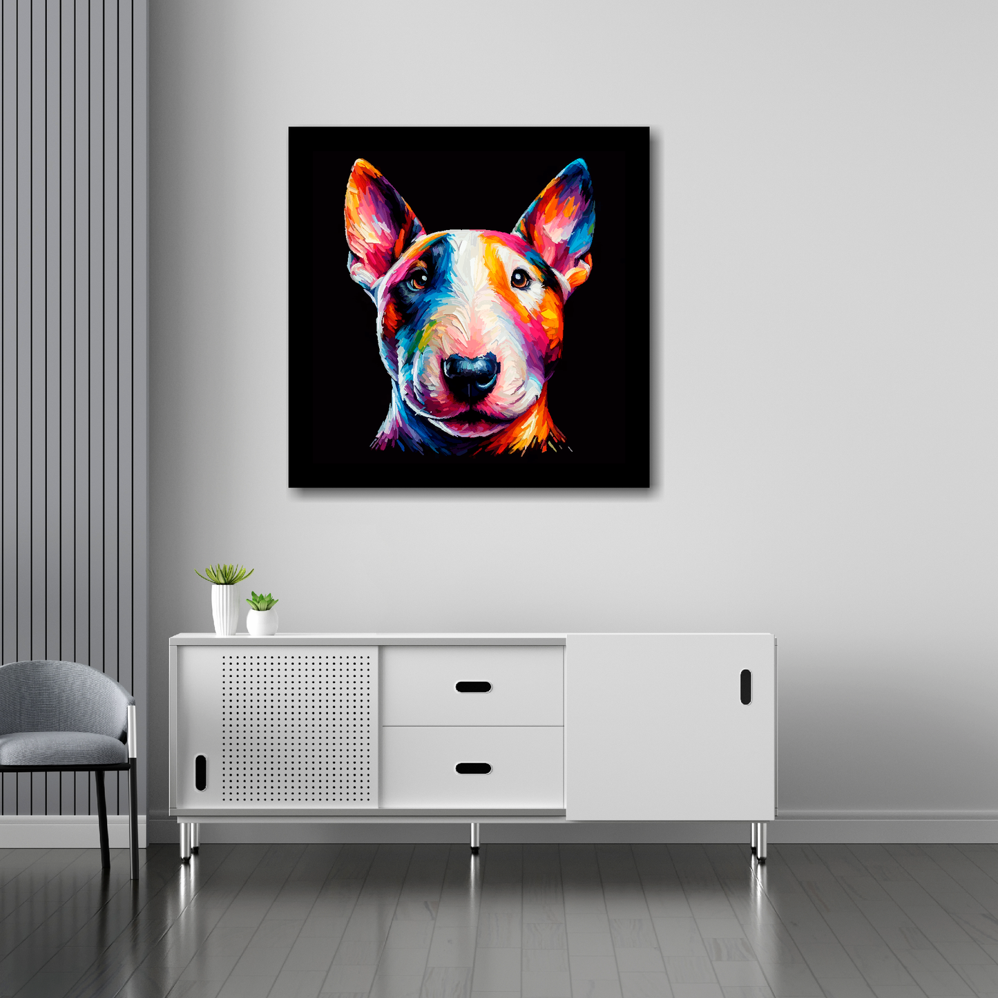 30 inch by 30 inch square canvas of a colourful Bull Terrier Miniature dog head portrait on a black background. Mounted on a white wall above a white sideboard.