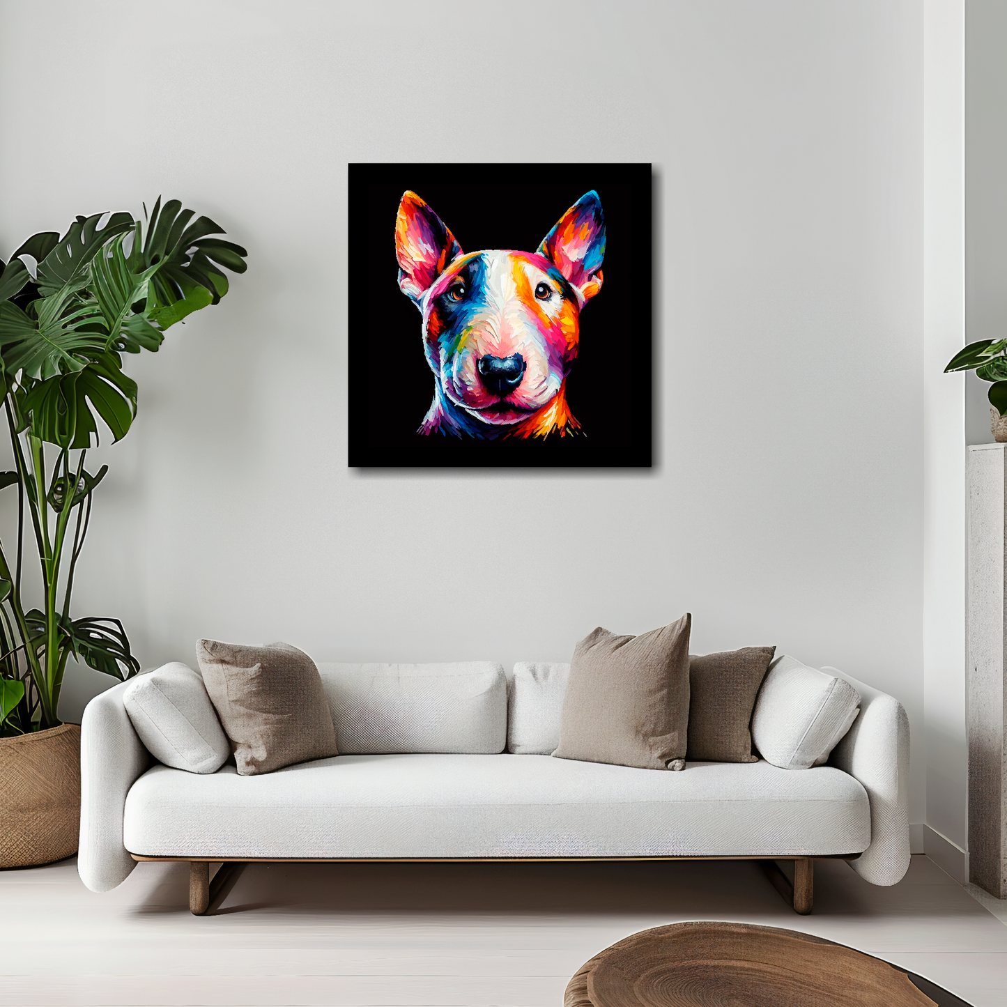 20 inch by 20 inch square canvas of a colourful Bull Terrier Miniature dog head portrait on a black background. Mounted on a white wall above a white sofa with decorative pillows.