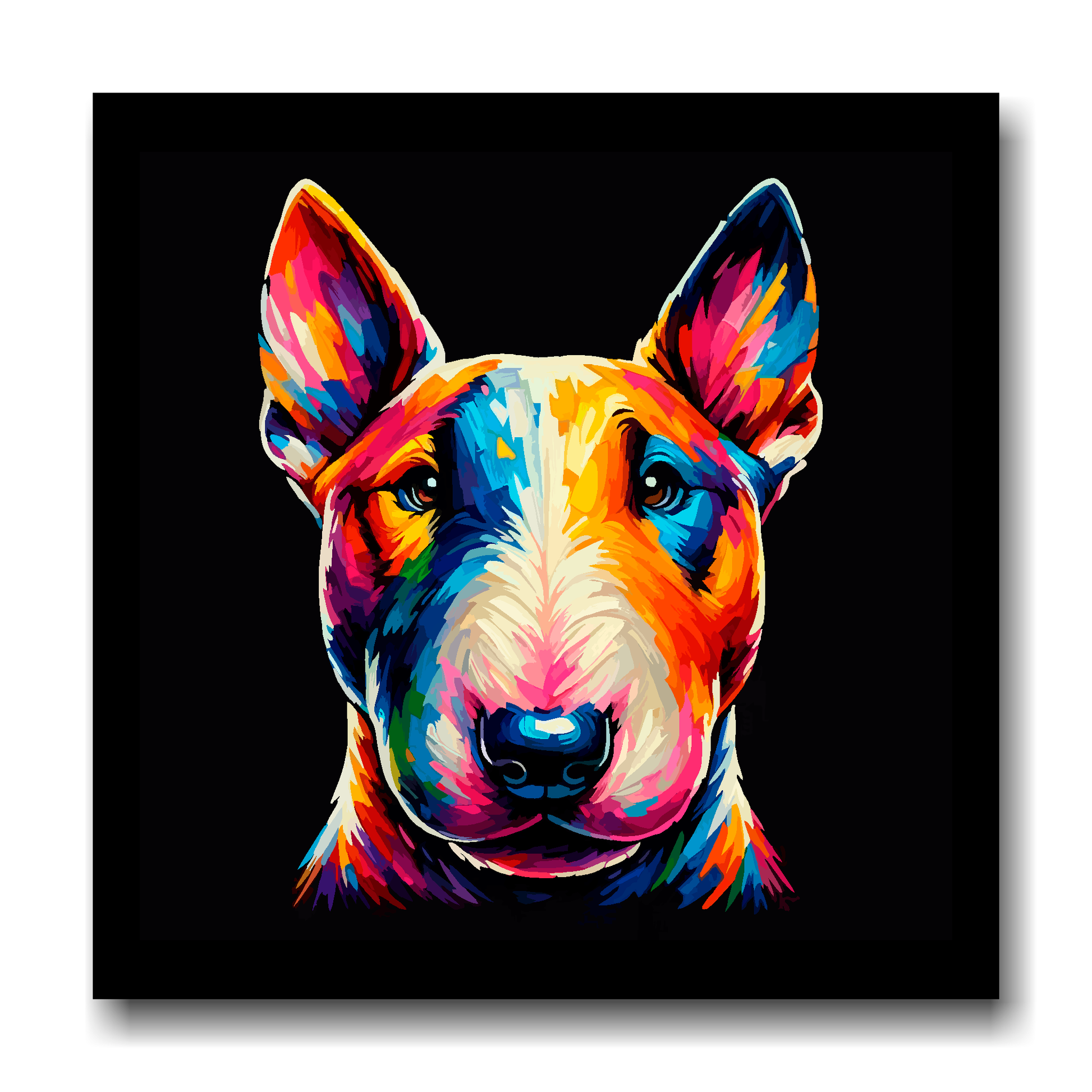 Large canvas wall art - A vibrant multi-coloured head portrait of a Bull Terrier. Available in 3 large sizes.
