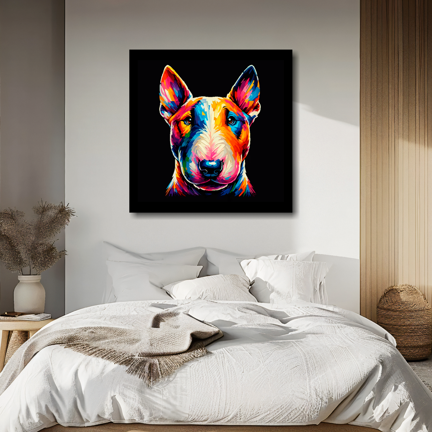 Large canvas wall art - A vibrant multi-coloured head portrait of a Bull Terrier. Available in 3 large sizes.