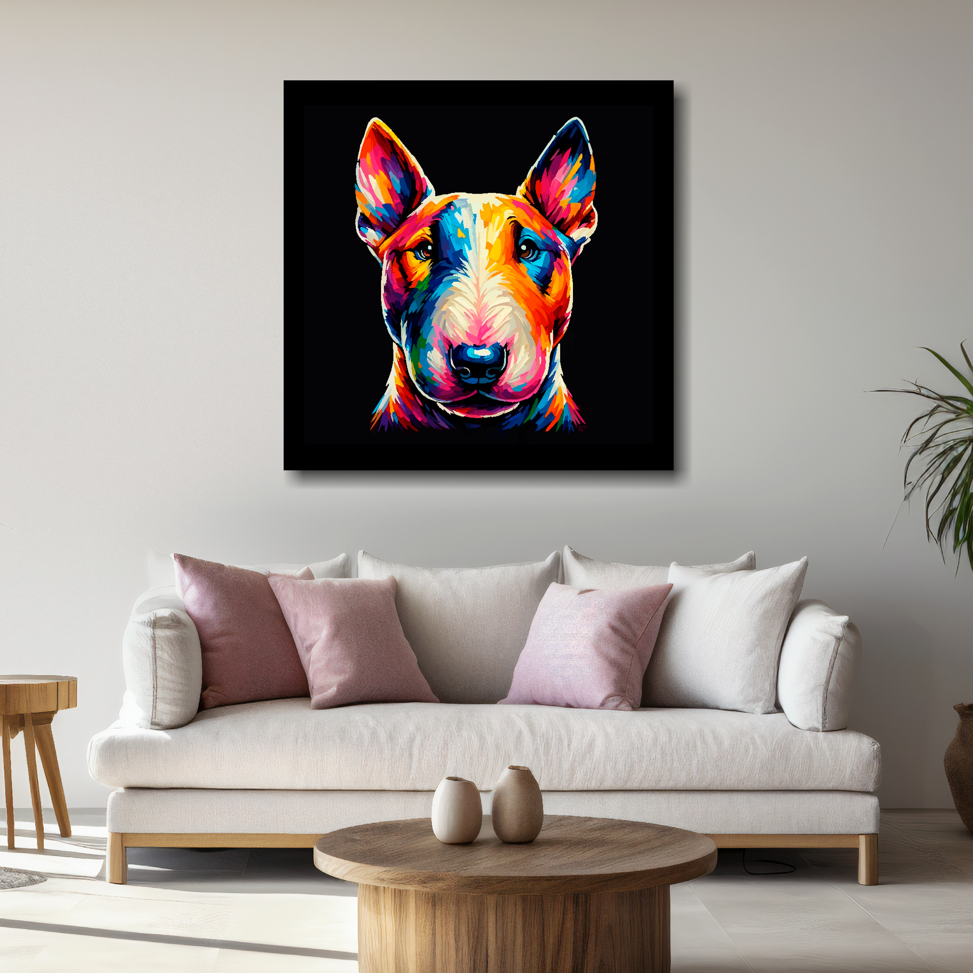 Large canvas wall art - A vibrant multi-coloured head portrait of a Bull Terrier. Available in 3 large sizes.