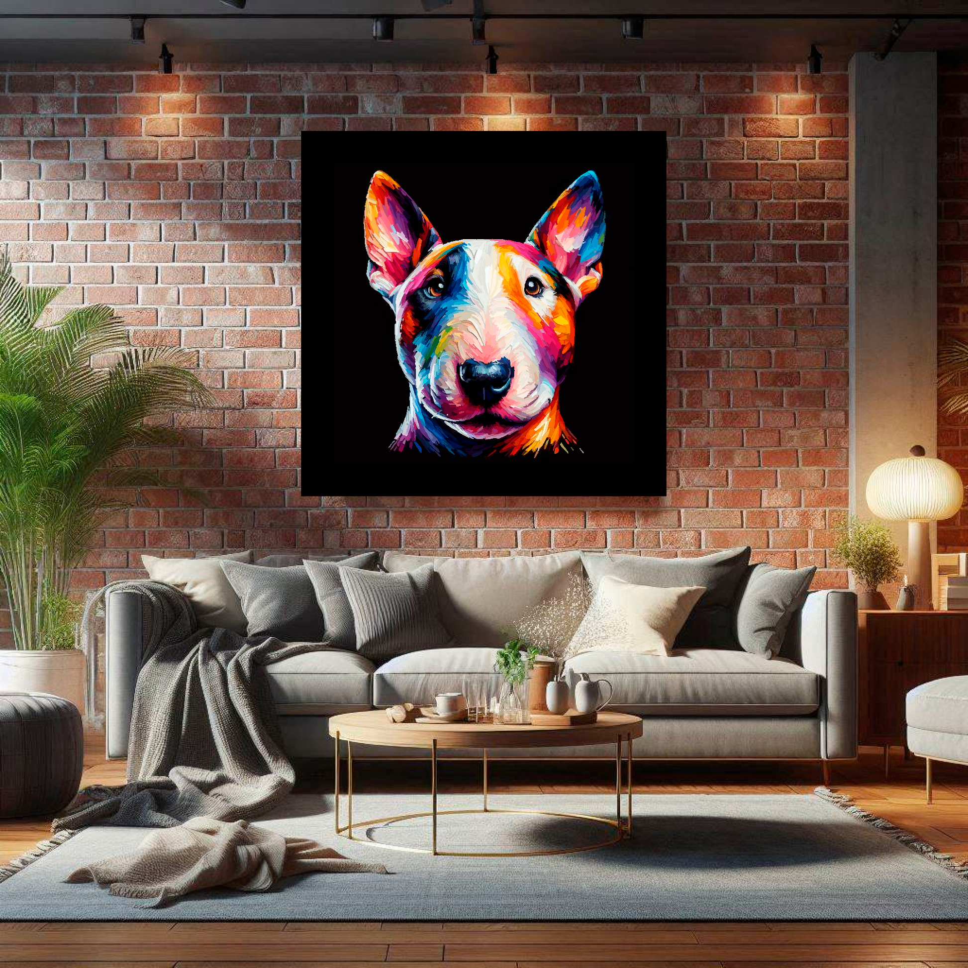 Large canvas wall art - A vibrant multi-coloured head portrait of a Miniature Bull Terrier. Available in 3 large sizes.