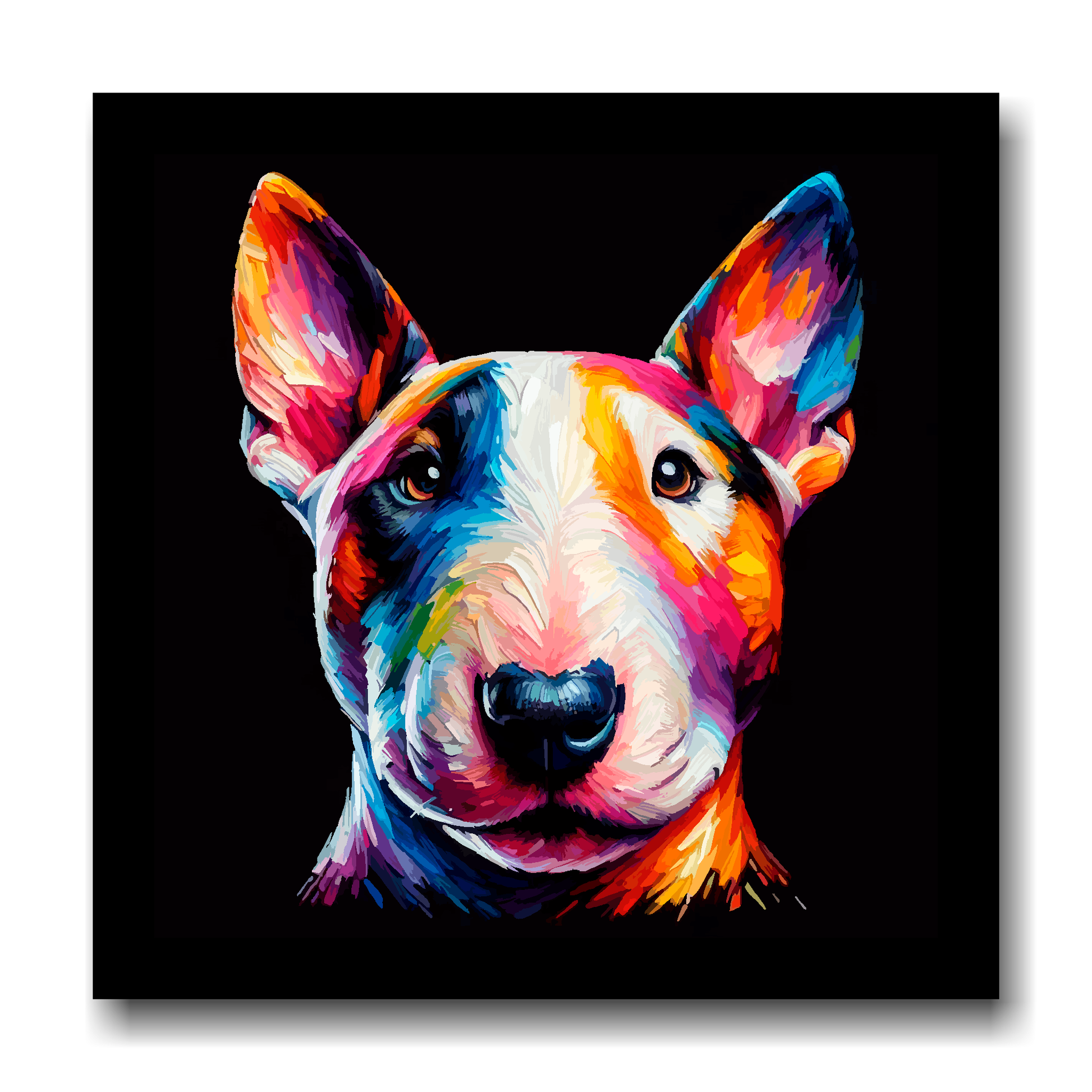 Large canvas wall art - A vibrant multi-coloured head portrait of a Miniature Bull Terrier. Available in 3 large sizes.