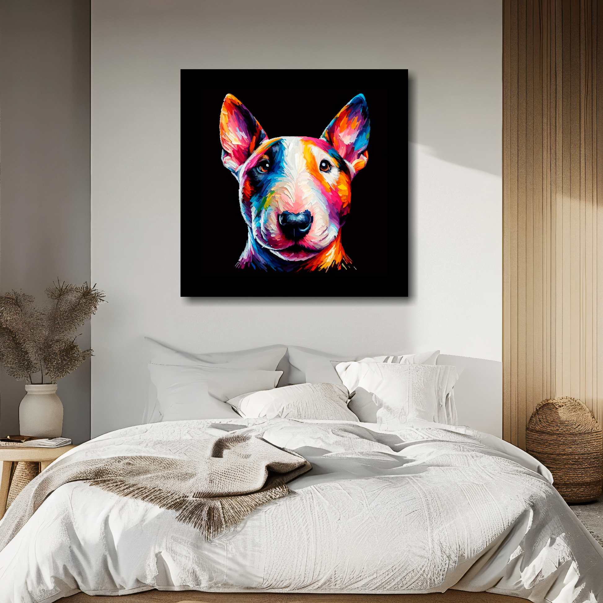 Large canvas wall art - A vibrant multi-coloured head portrait of a Miniature Bull Terrier. Available in 3 large sizes.