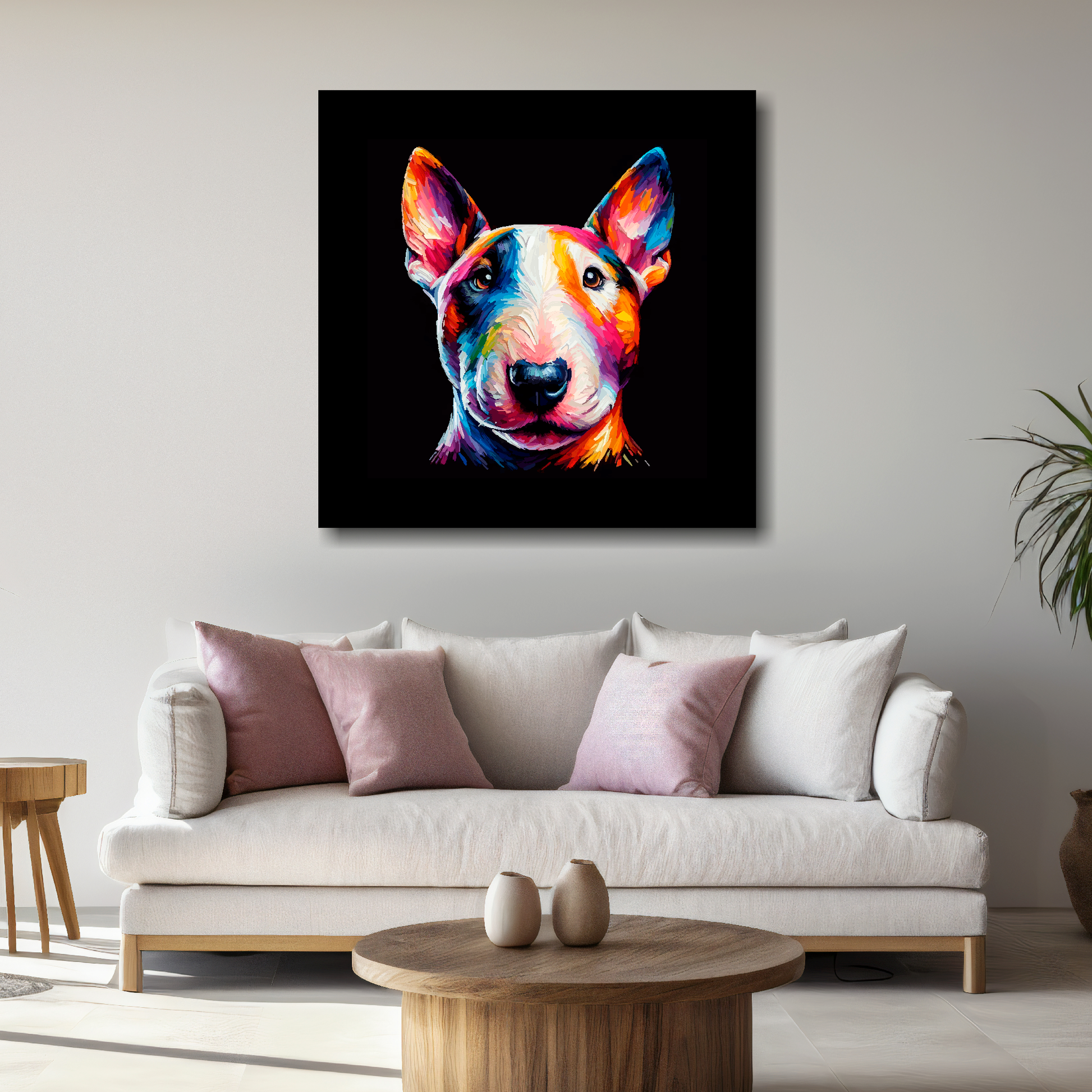 Large canvas wall art - A vibrant multi-coloured head portrait of a Miniature Bull Terrier. Available in 3 large sizes.