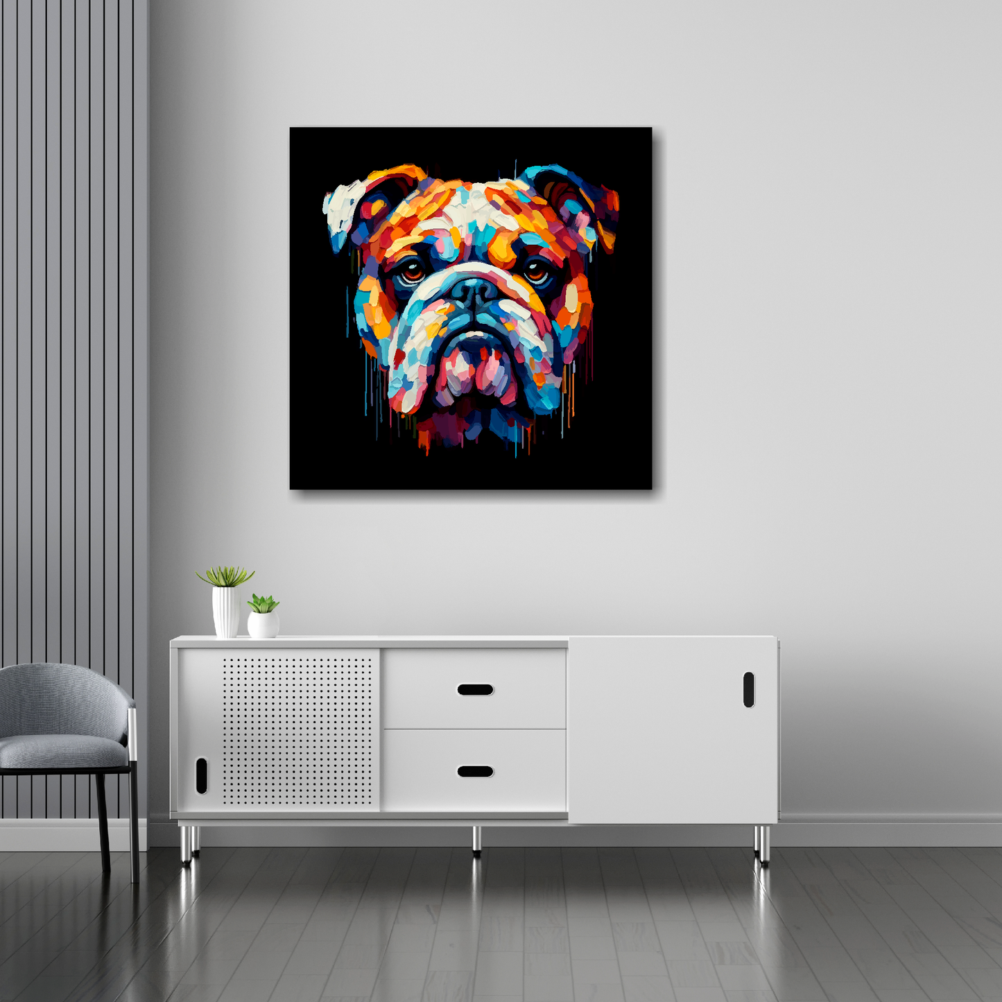 30 inch by 30 inch square canvas of a colourful Bulldog head portrait on a black background. Mounted on a white wall above a white sideboard.