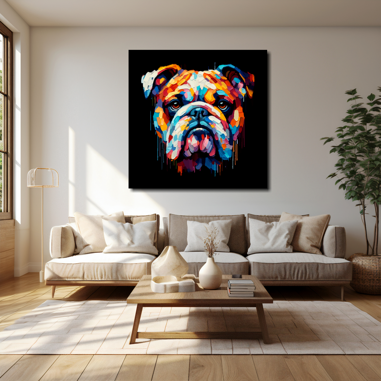 40 inch by 40 inch square canvas of a colourful Bulldog head portrait on a black background. Mounted on a white wall above a cream sofa with decorative pillows.