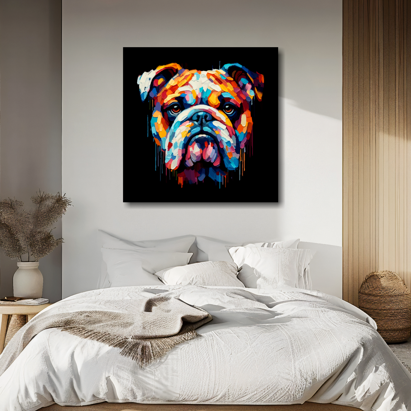 Large canvas wall art - A vibrant multi-coloured head portrait of a Bulldog. Available in 3 large sizes.