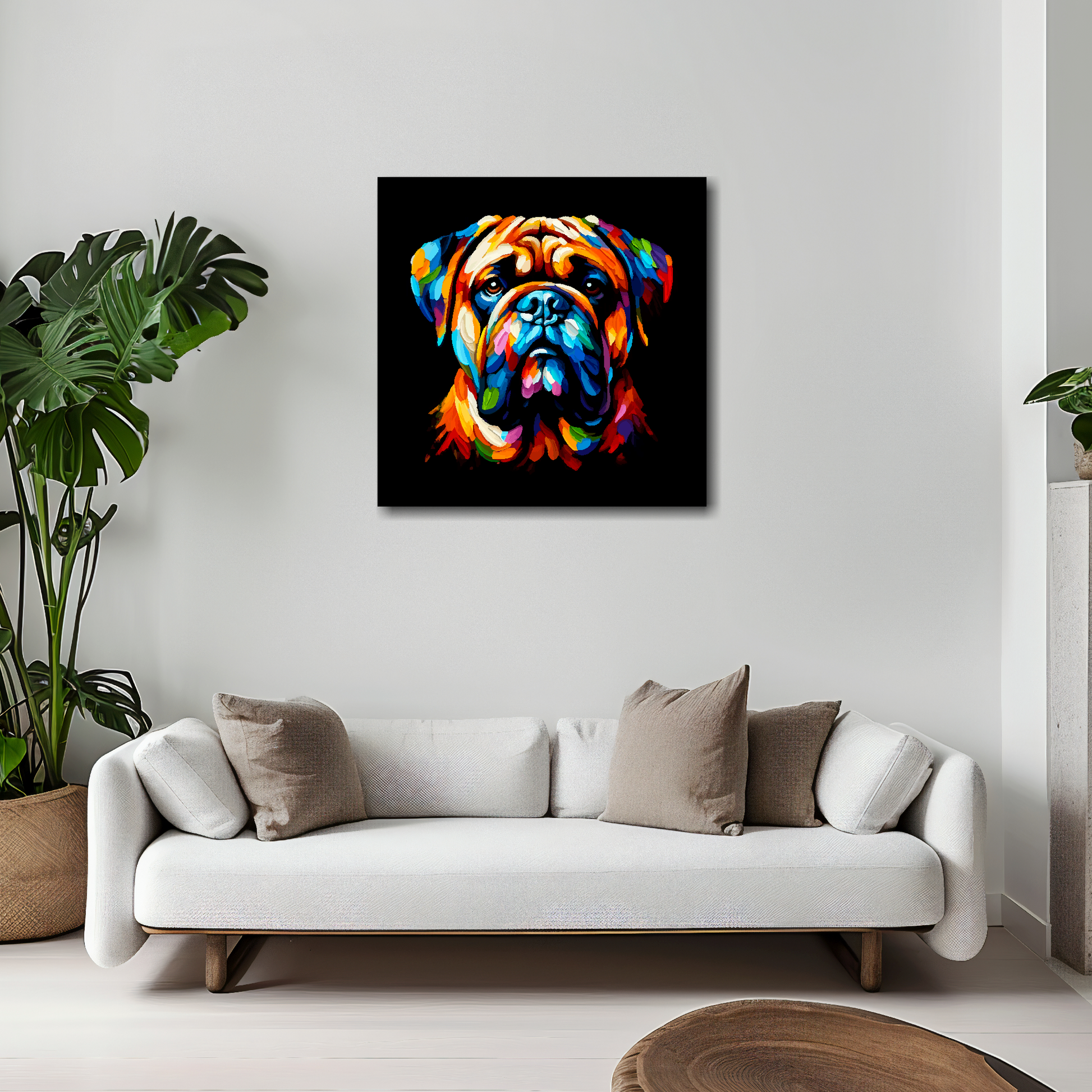 20 inch by 20 inch square canvas of a colourful Bullmastiff head portrait on a black background. Mounted on a white wall above a white sofa with decorative pillows.