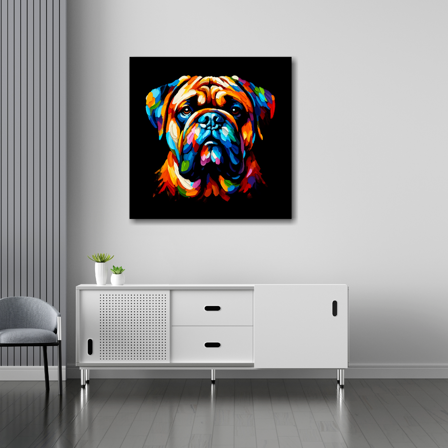 30 inch by 30 inch square canvas of a colourful Bullmastiff head portrait on a black background. Mounted on a white wall above a white sideboard.