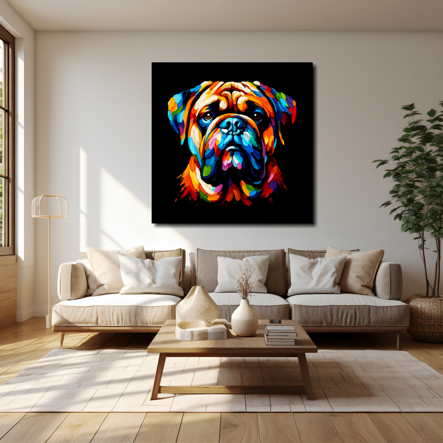 40 inch by 40 inch square canvas of a colourful Bullmastiff head portrait on a black background. Mounted on a white wall above a cream sofa with decorative pillows.