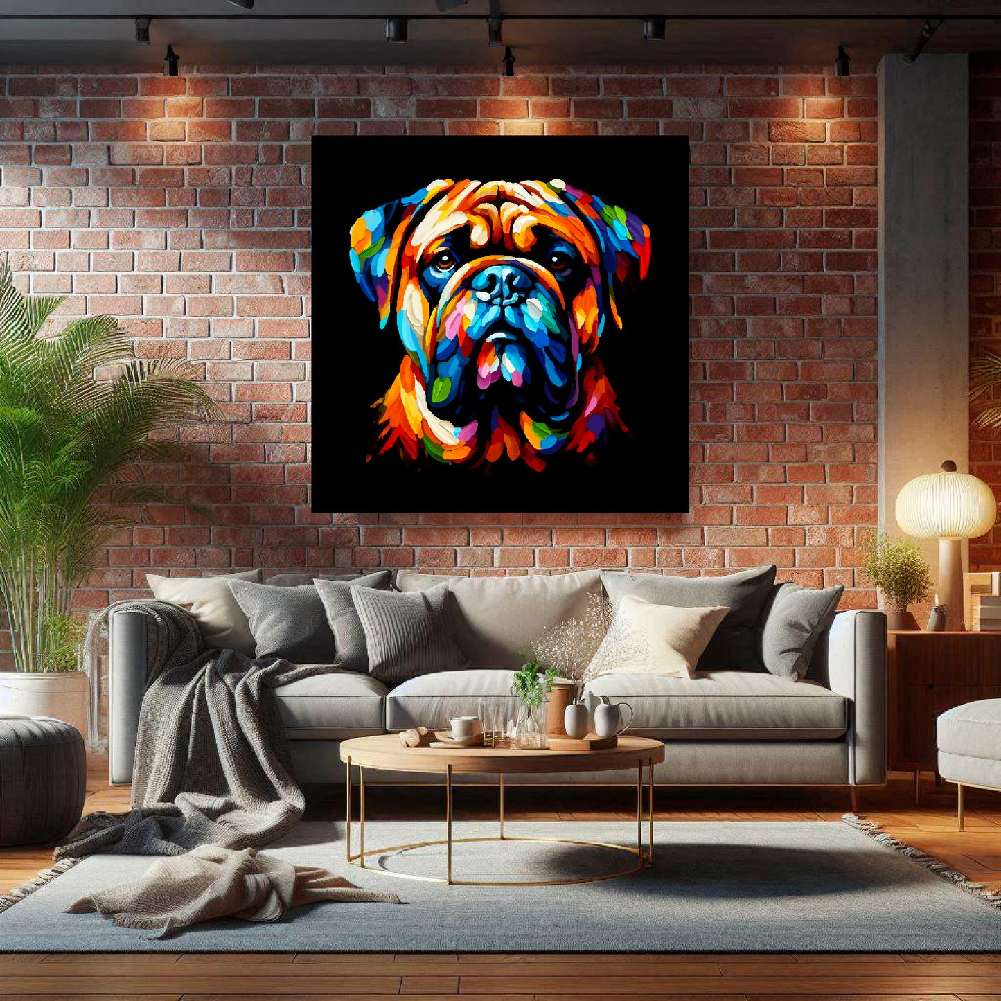 Large canvas wall art - A vibrant multi-coloured head portrait of a Bullmastiff. Available in 3 large sizes.