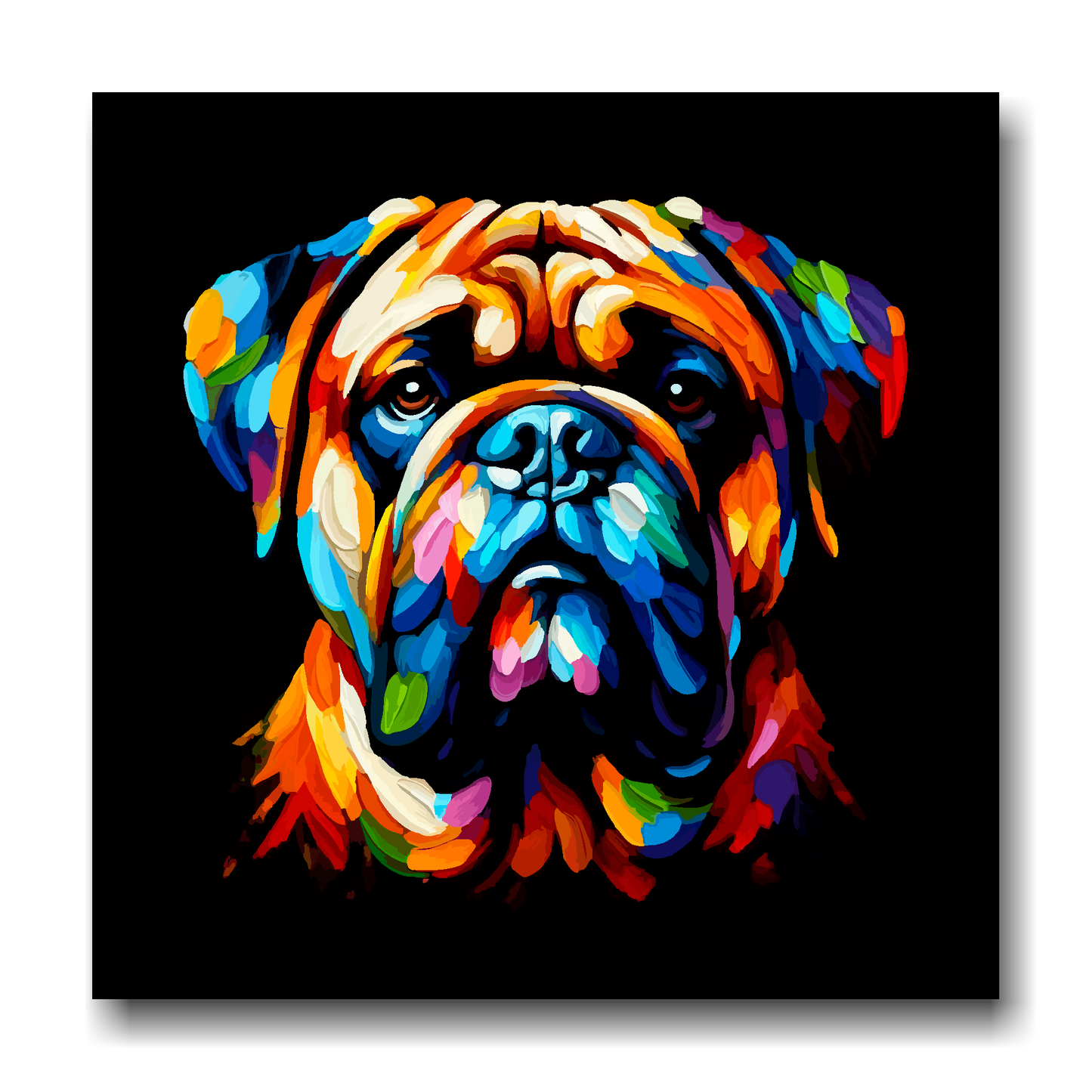 Large canvas wall art - A vibrant multi-coloured head portrait of a Bullmastiff. Available in 3 large sizes.