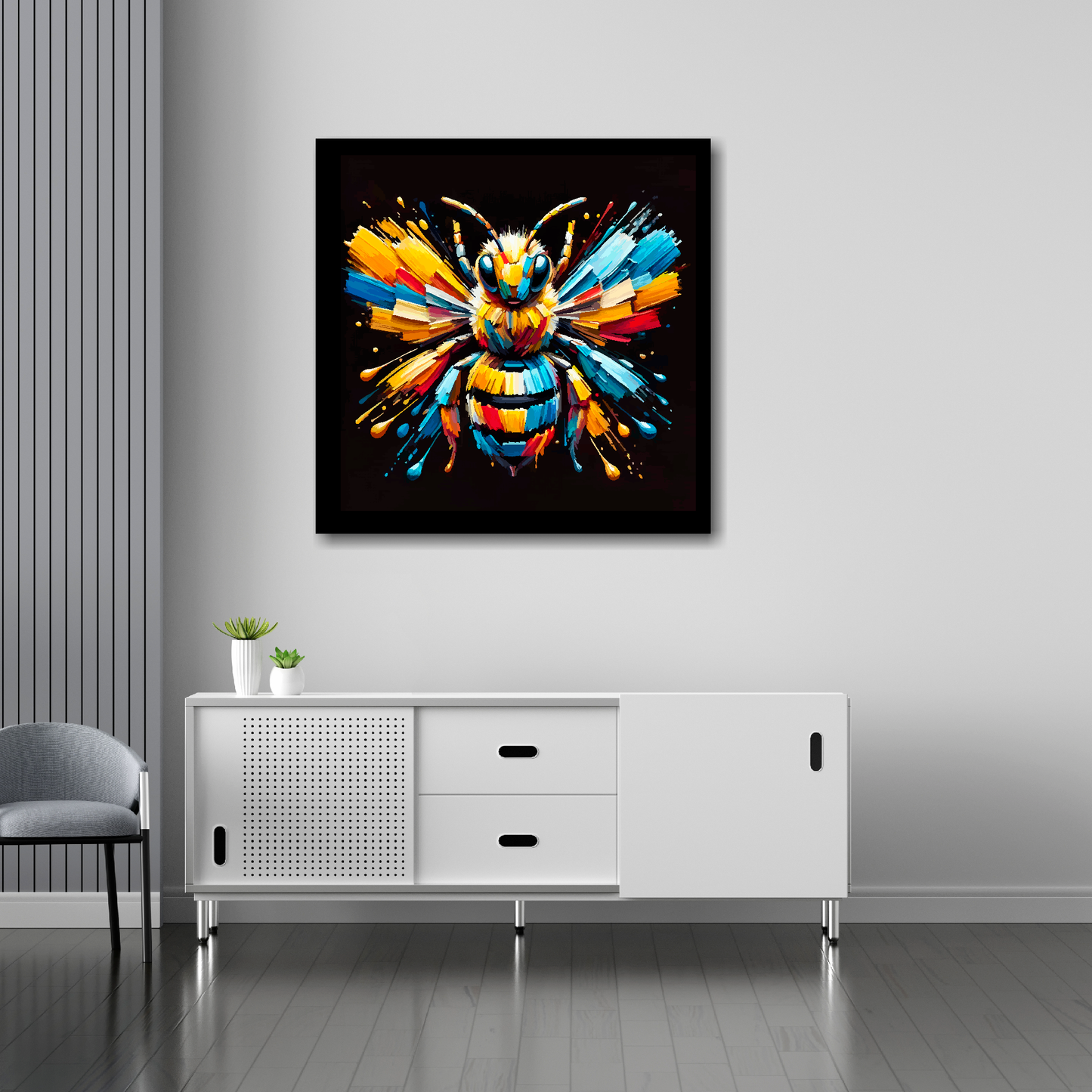 30 inch by 30 inch square canvas of a colourful Bumble Bee portrait on a black background. Mounted on a white wall above a white sideboard.