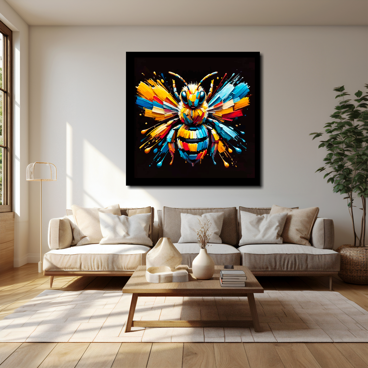 40 inch by 40 inch square canvas of a colourful Bumble Bee portrait on a black background. Mounted on a white wall above a cream sofa with decorative pillows.