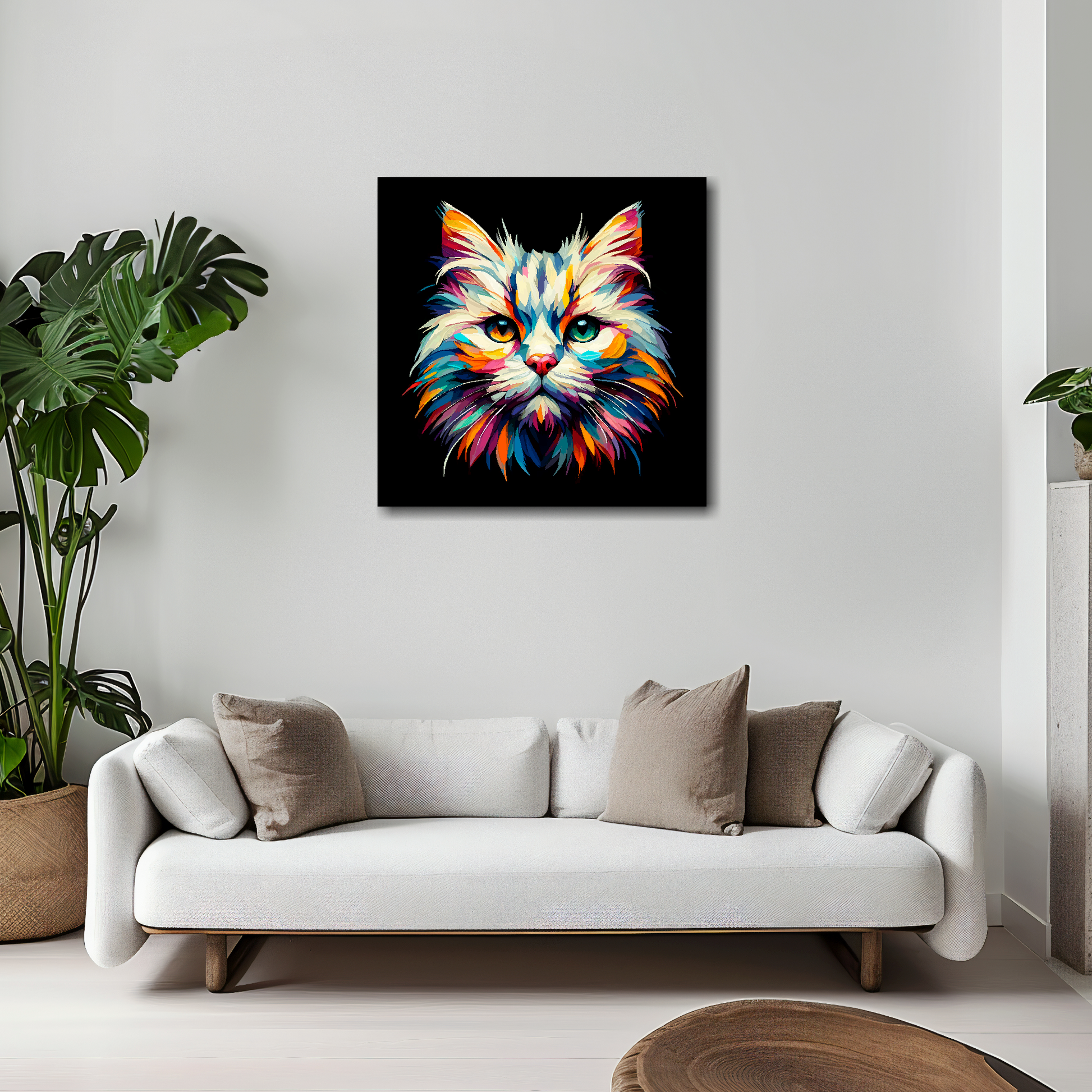 20 inch by 20 inch square canvas of a colourful Burmilla cat head portrait on a black background. Mounted on a white wall above a white sofa with decorative pillows.