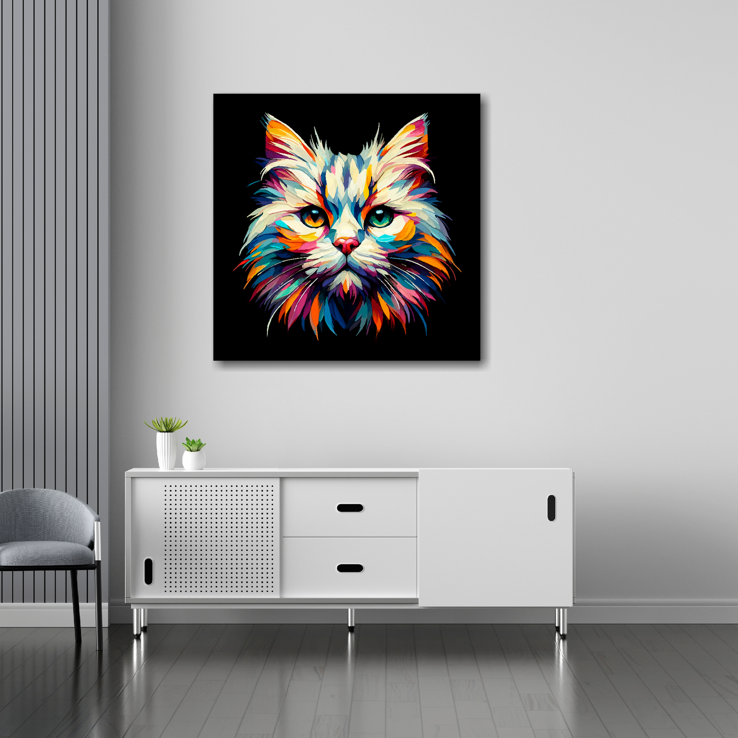 30 inch by 30 inch square canvas of a colourful Burmilla cat head portrait on a black background. Mounted on a white wall above a white sideboard.