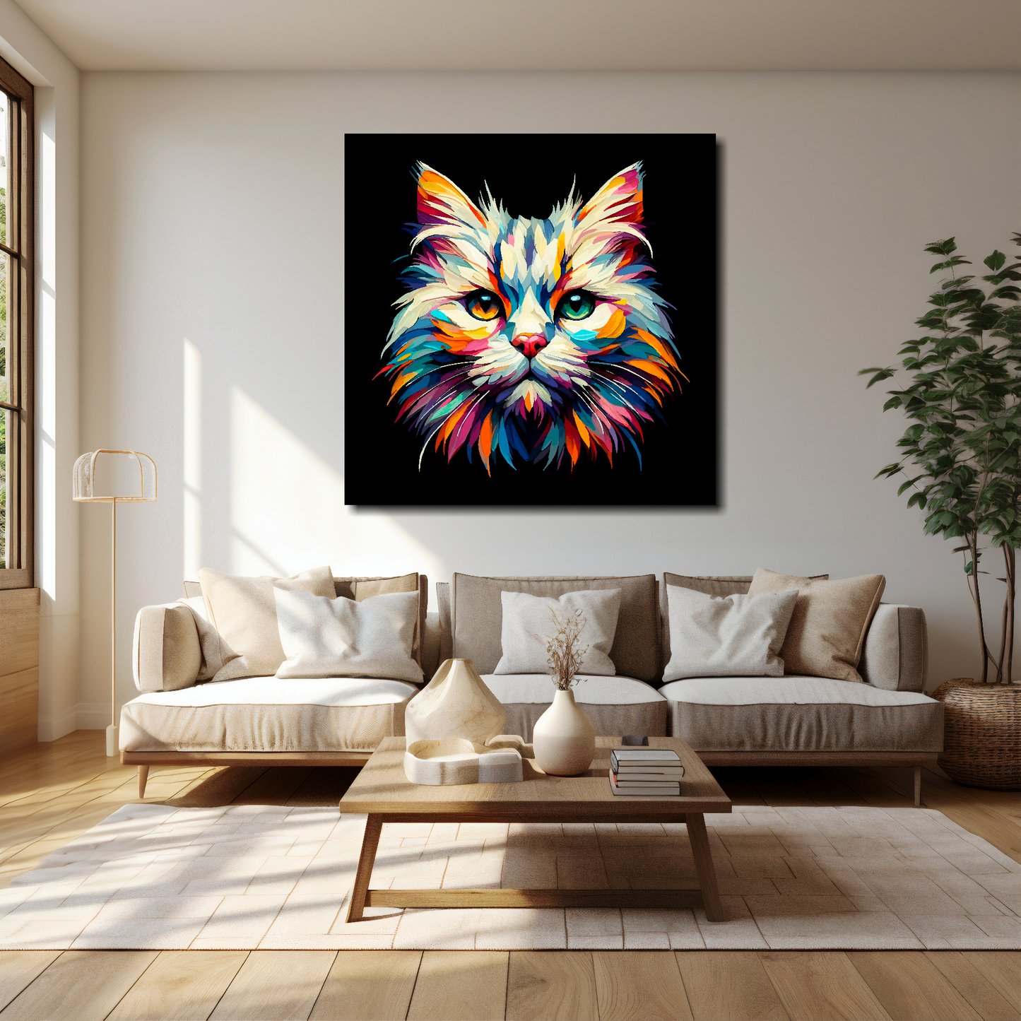 40 inch by 40 inch square canvas of a colourful Burmilla cat head portrait on a black background. Mounted on a white wall above a cream sofa with decorative pillows.