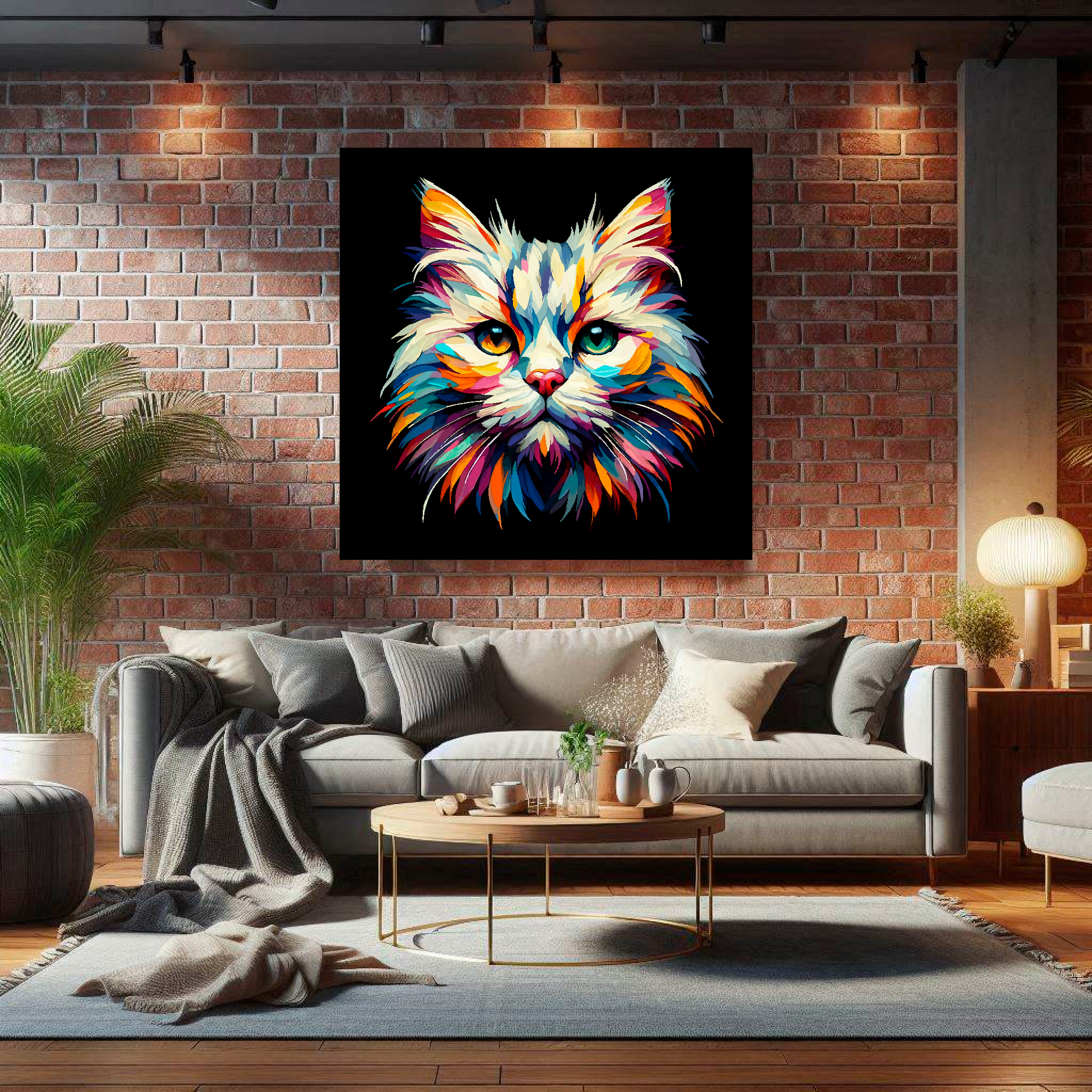Large canvas wall art - A vibrant multi-coloured head portrait of a Burmilla Cat. Available in 3 large sizes.