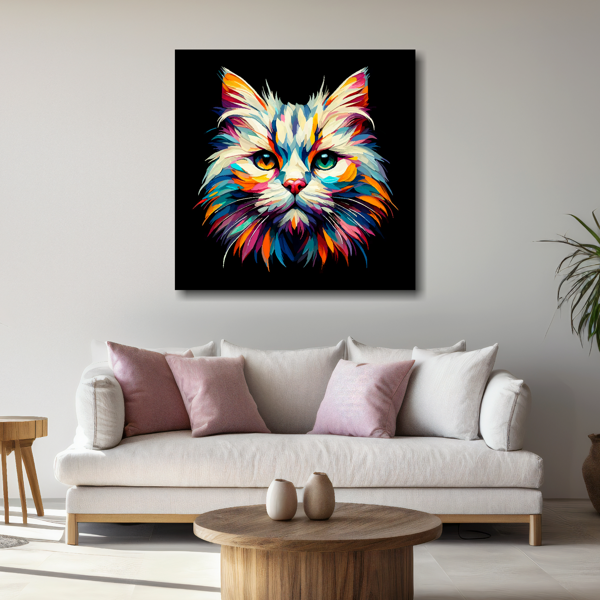 Large canvas wall art - A vibrant multi-coloured head portrait of a Burmilla Cat. Available in 3 large sizes.