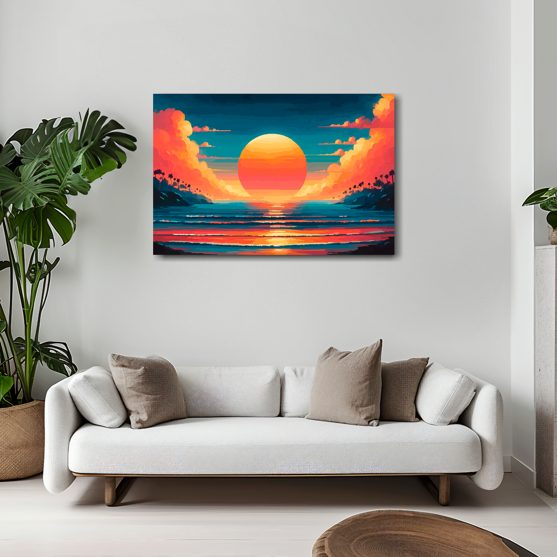30 inch by 20 inch canvas print featuring a surreal sunset in orange and blue vibrant colours. Mounted on a white wall above a white sofa with decorative pillows.