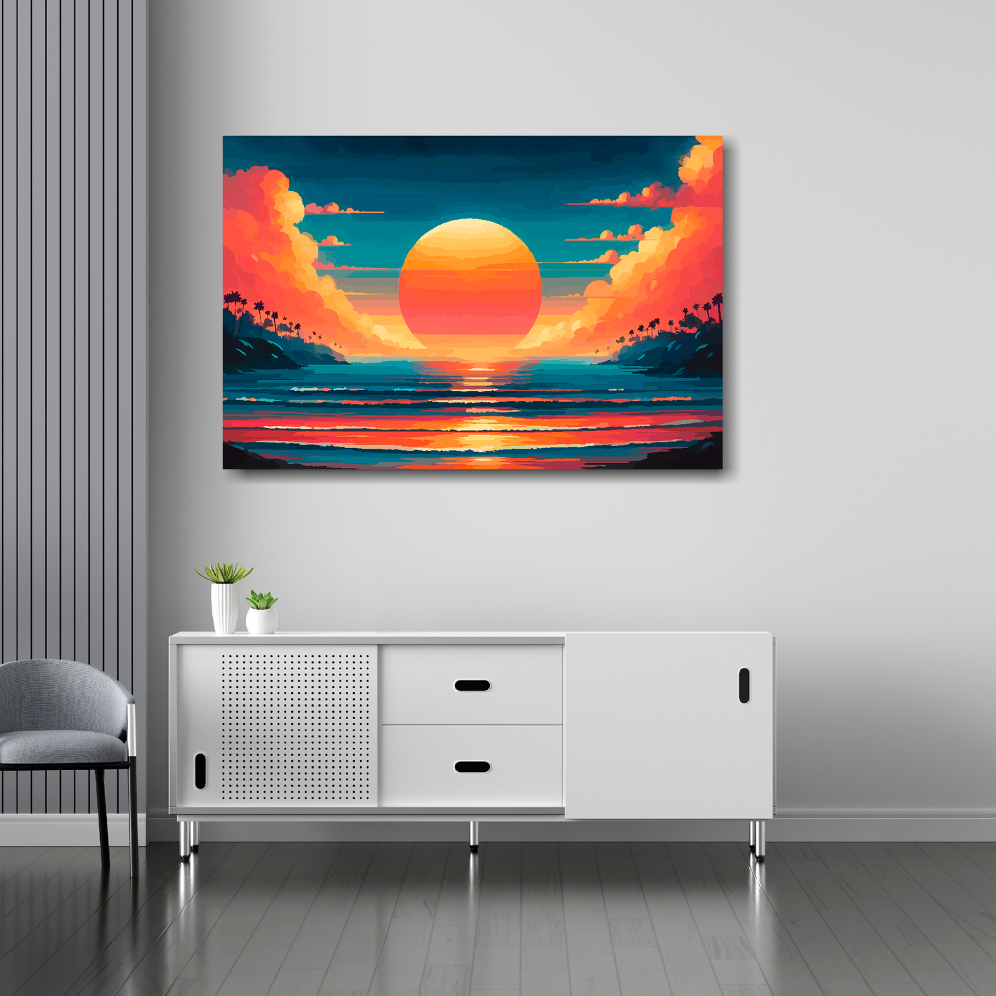 36 inch by 24 inch canvas print featuring a surreal sunset in orange and blue vibrant colours. Mounted on a white wall above a white sideboard.