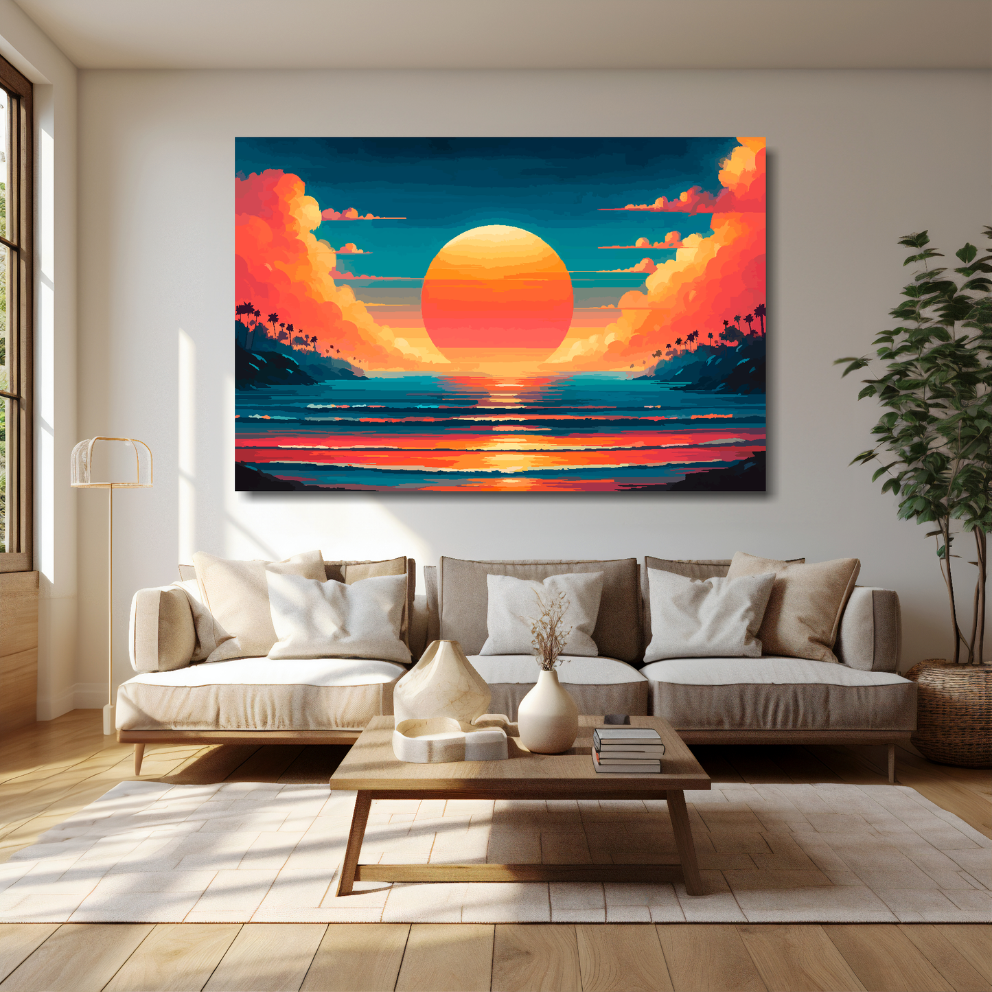 60 inch by 40 inch canvas print featuring a surreal sunset in orange and blue vibrant colours. Mounted on a cream wall above a cream sofa with decorative pillows.