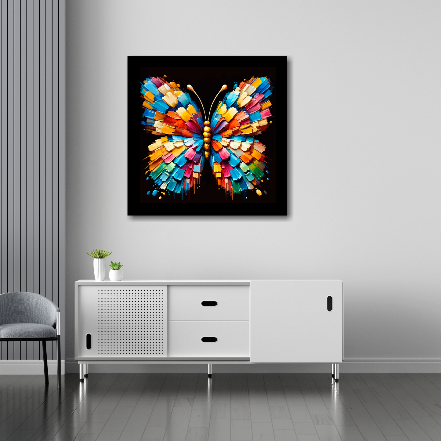30 inch by 30 inch square canvas of a colourful Butterfly portrait on a black background. Mounted on a white wall above a white sideboard.