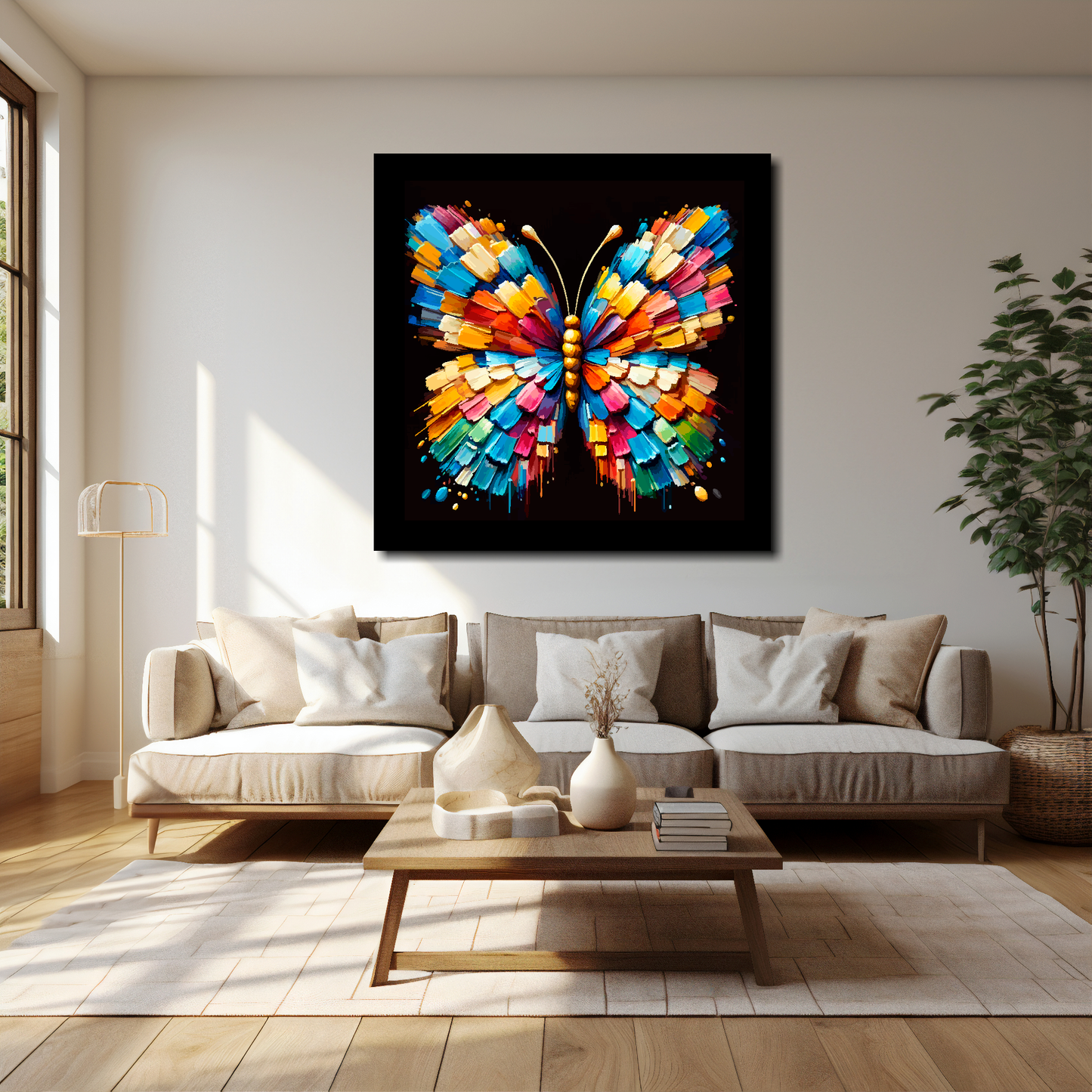 40 inch by 40 inch square canvas of a colourful Butterfly portrait on a black background. Mounted on a white wall above a cream sofa with decorative pillows.