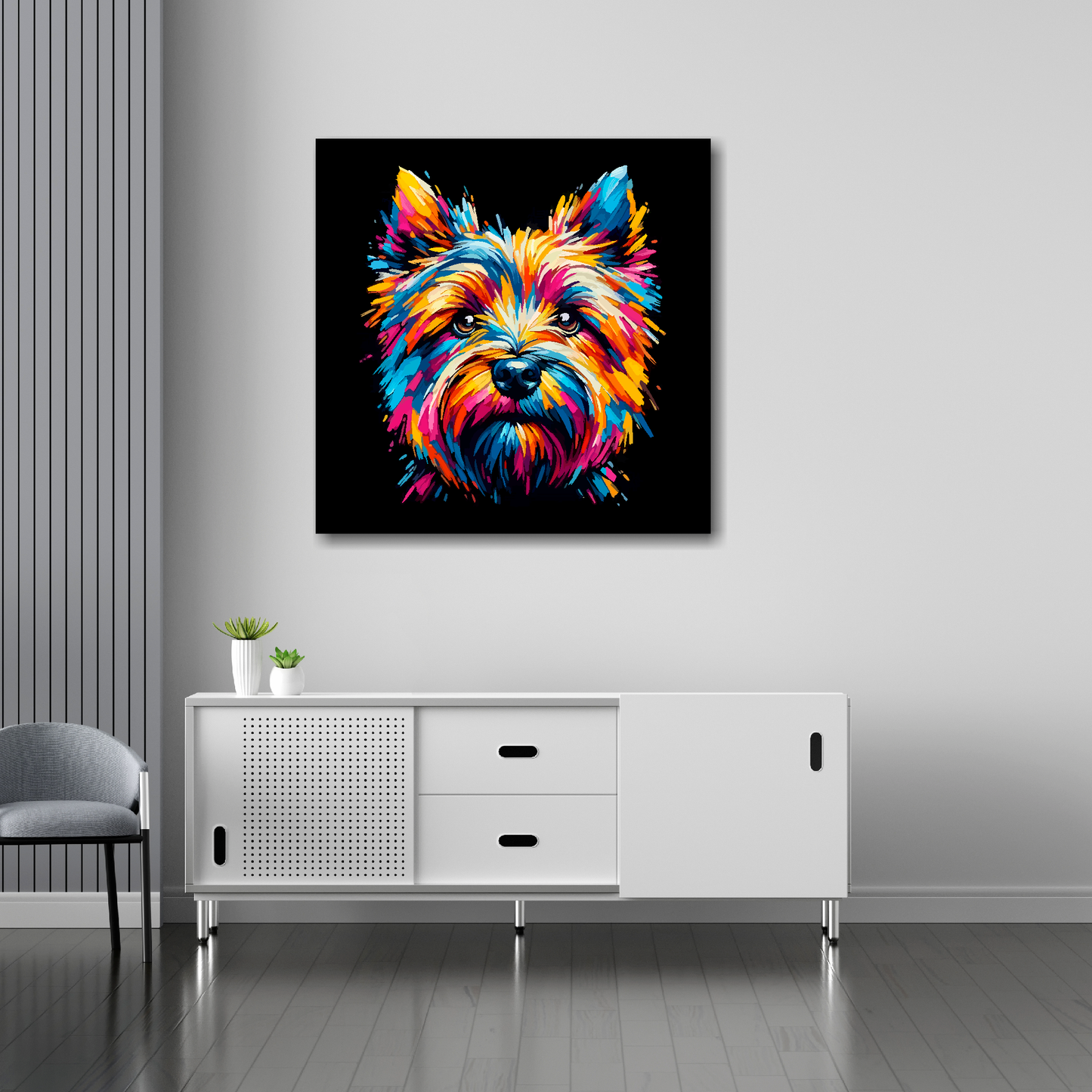 30 inch by 30 inch square canvas of a colourful Cairn Terrier head portrait on a black background. Mounted on a white wall above a white sideboard.