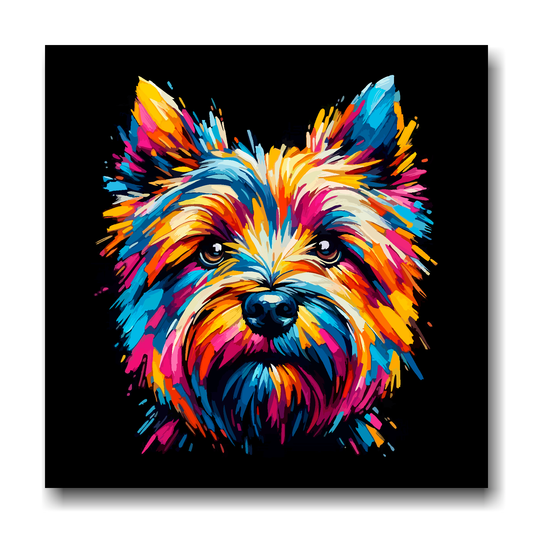 Large canvas wall art - A vibrant multi-coloured head portrait of a Cairn Terrier. Available in 3 large sizes.