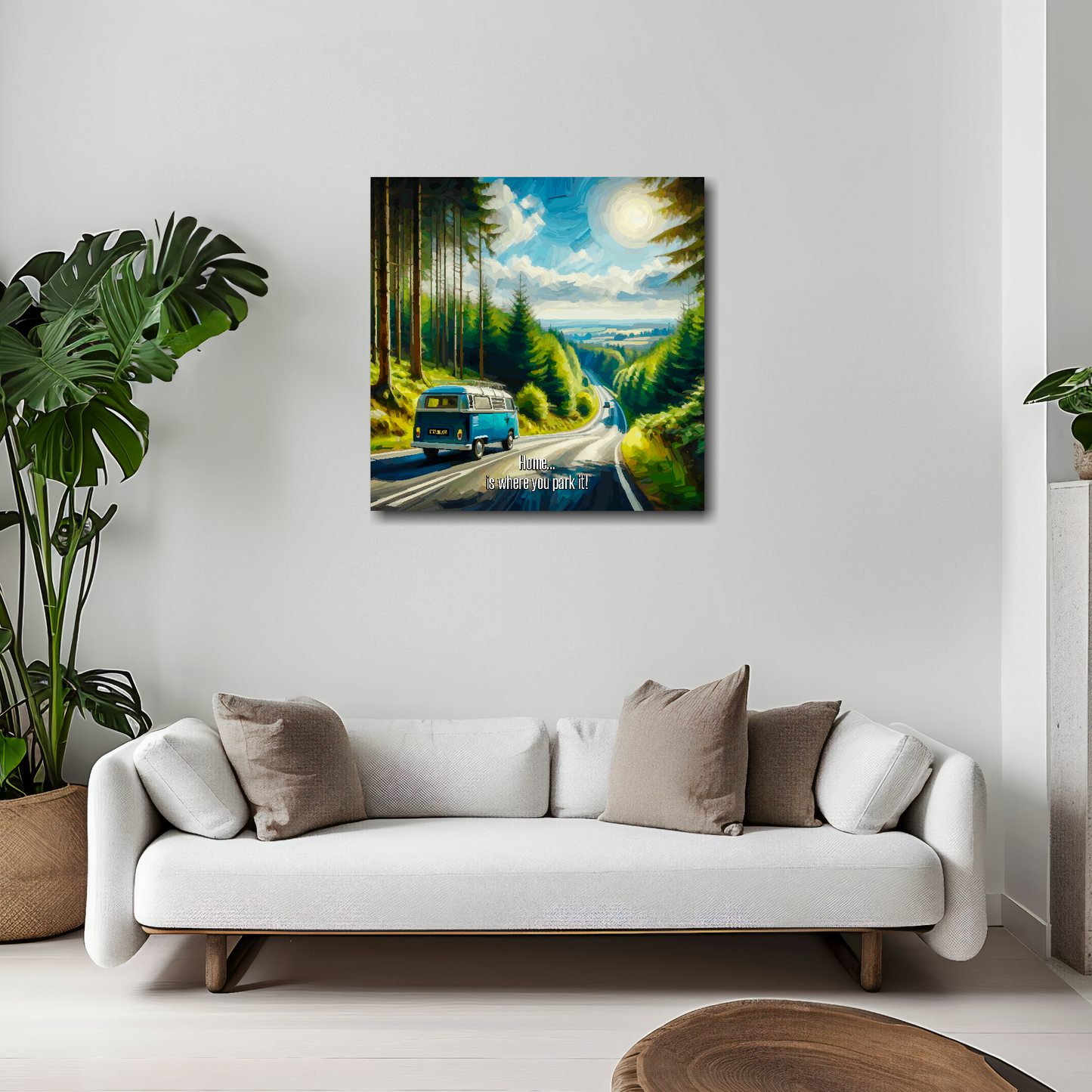 20 inch by 20 inch square canvas featuring a VW Campervan traveling along a country road. Mounted on a white wall above a white sofa with decorative pillows.