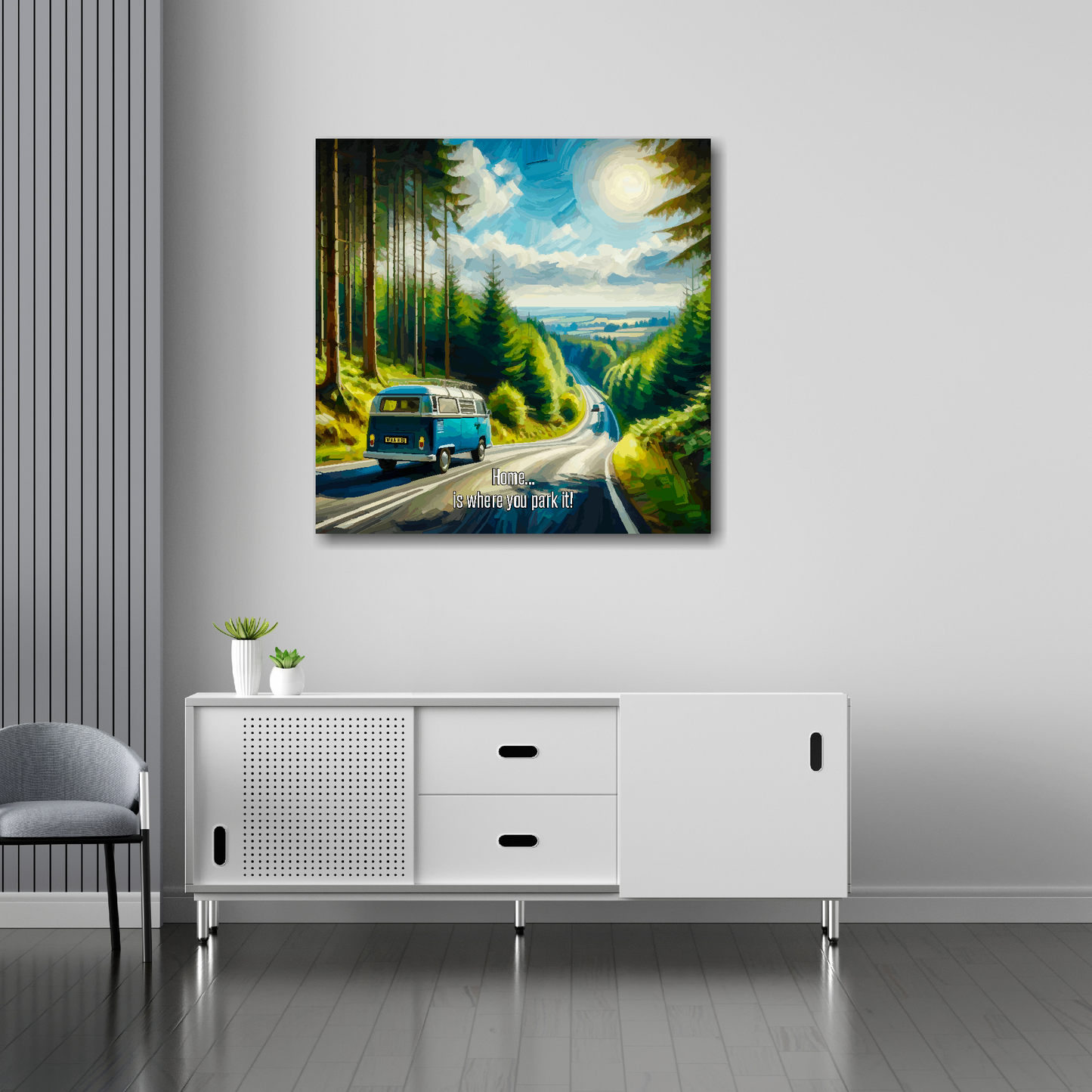 30 inch by 30 inch square canvas featuring a VW Campervan traveling along a country road. Mounted on a white wall above a white sideboard.