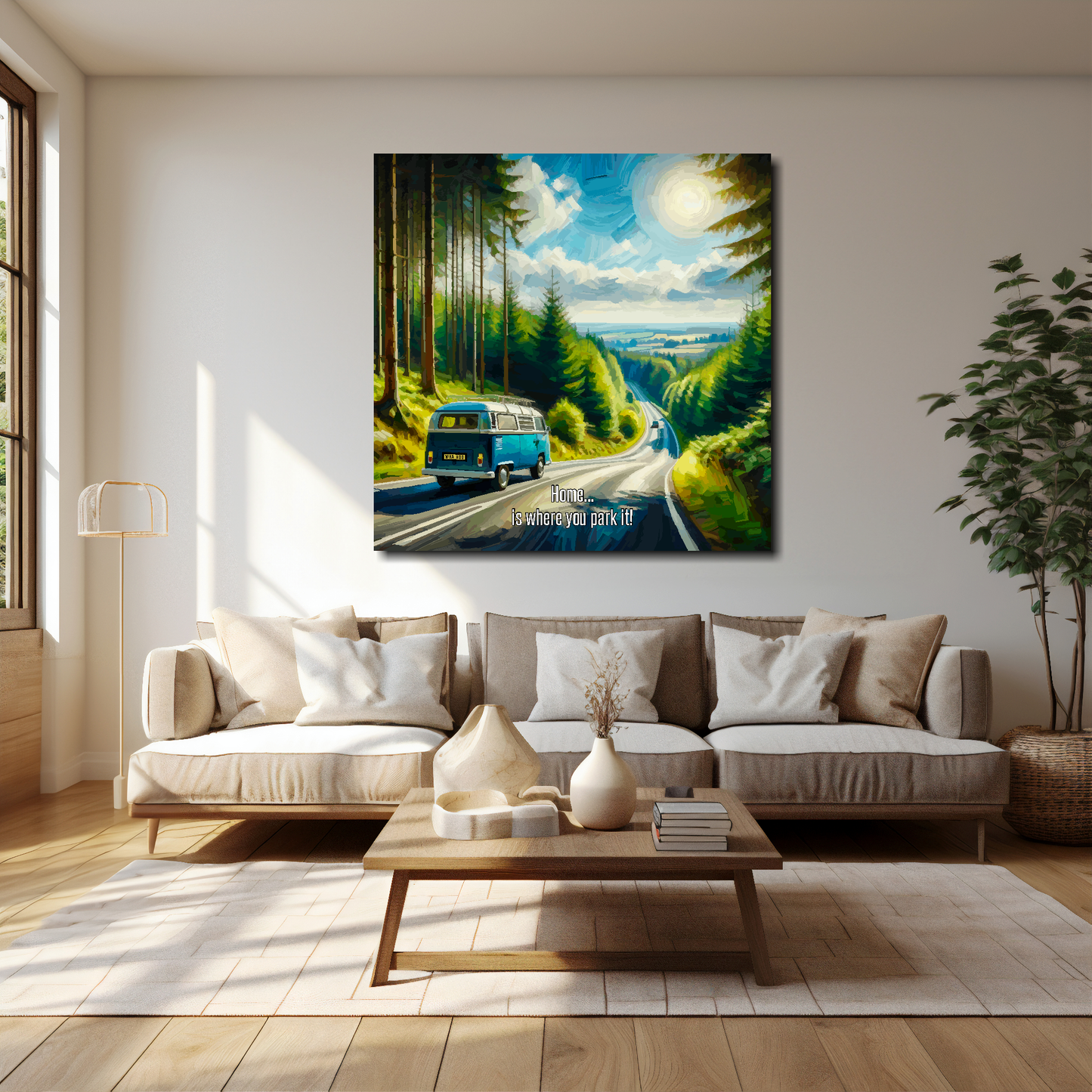 40 inch by 40 inch square canvas featuring a VW Campervan traveling along a country road. Mounted on a cream wall above a cream sofa with decorative pillows.