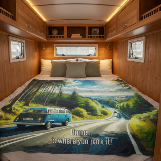 Retro campervan fleece blanket - VW van design for adventure lovers made in UK
