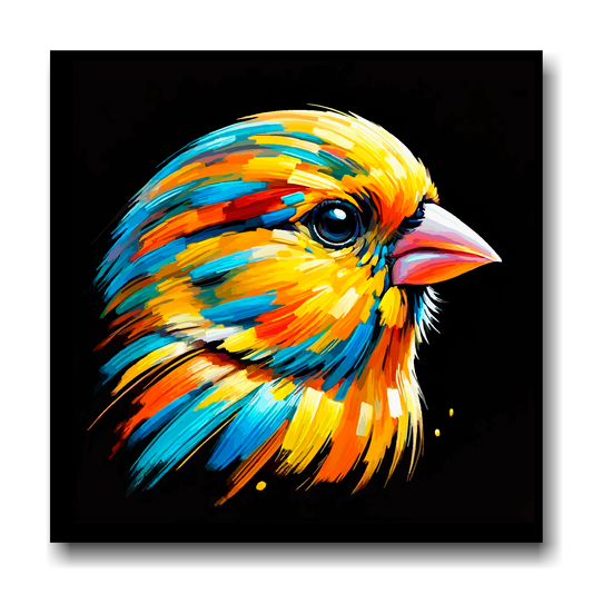 Large canvas wall art - A vibrant multi-coloured head portrait of a Canary. Available in 3 large sizes.