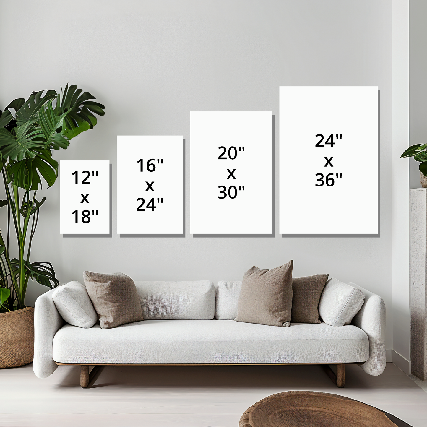A canvas size guide. Four sizes available, 12 inch by 18 inch - 16 inch by 24 inch - 20 inch by 30 inch - 24 inch by 36 inch.
