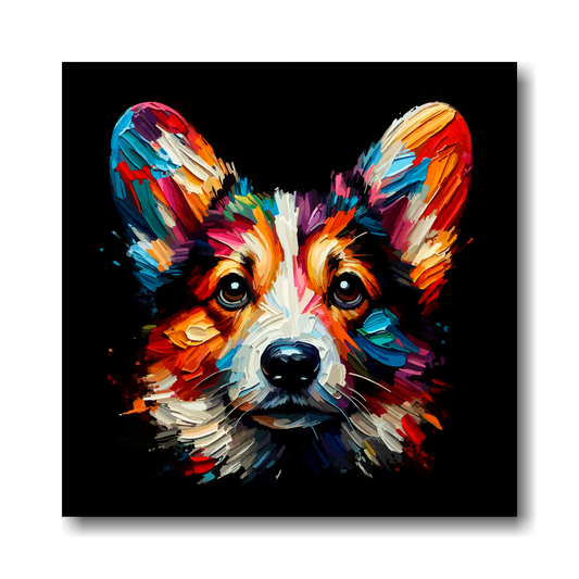 Colourful painting of a Cardigan Welsh Corgi's face on a black background.