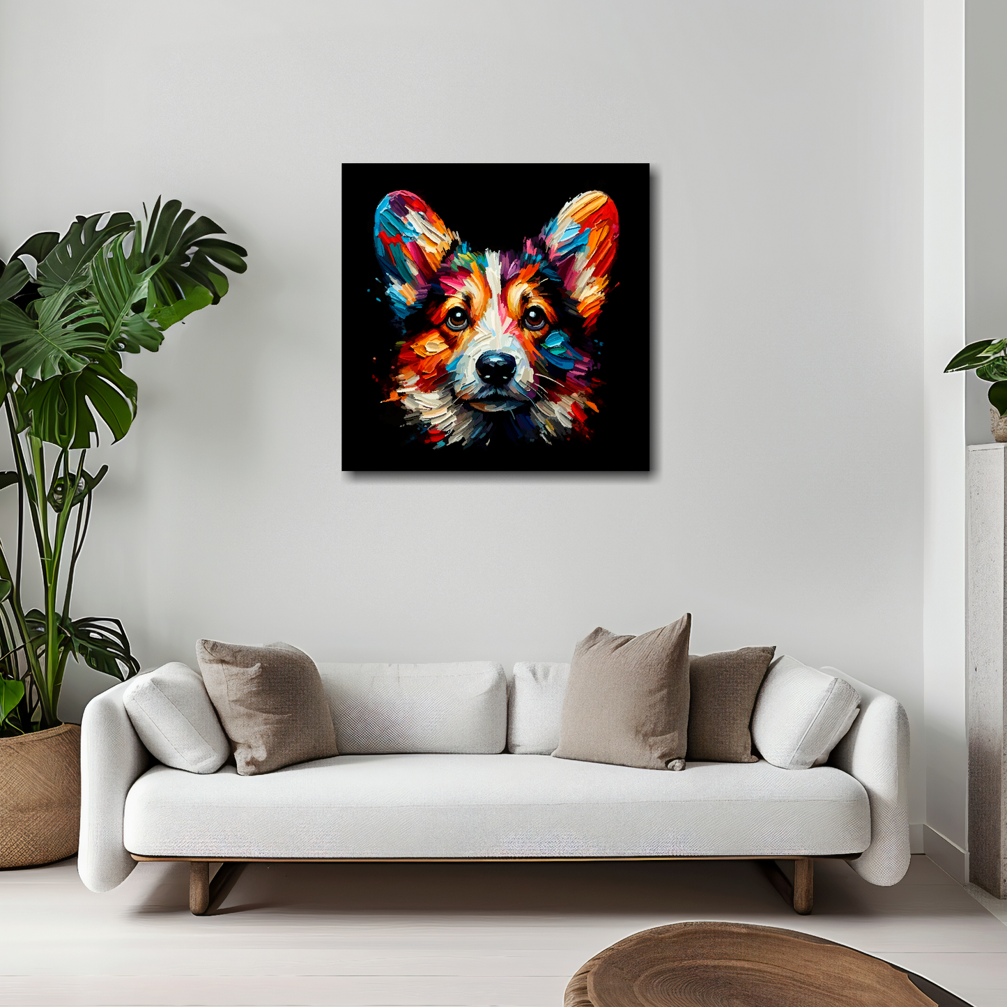20 inch by 20 inch square canvas featuring a multi-coloured Cardigan Welsh Corgi dog portrait. Mounted on a white wall above a white sofa with decorative pillows.