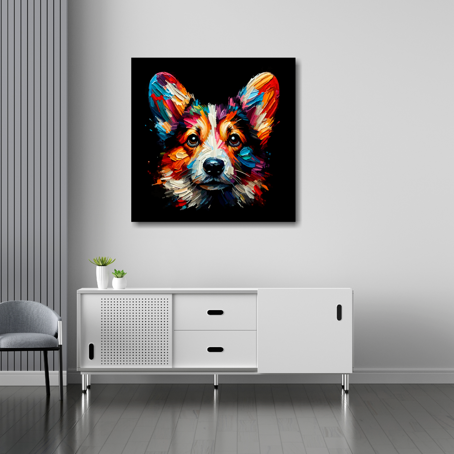 30 inch by 30 inch square canvas featuring a multi-coloured Cardigan Welsh Corgi dog portrait. Mounted on a white wall above a white sideboard.