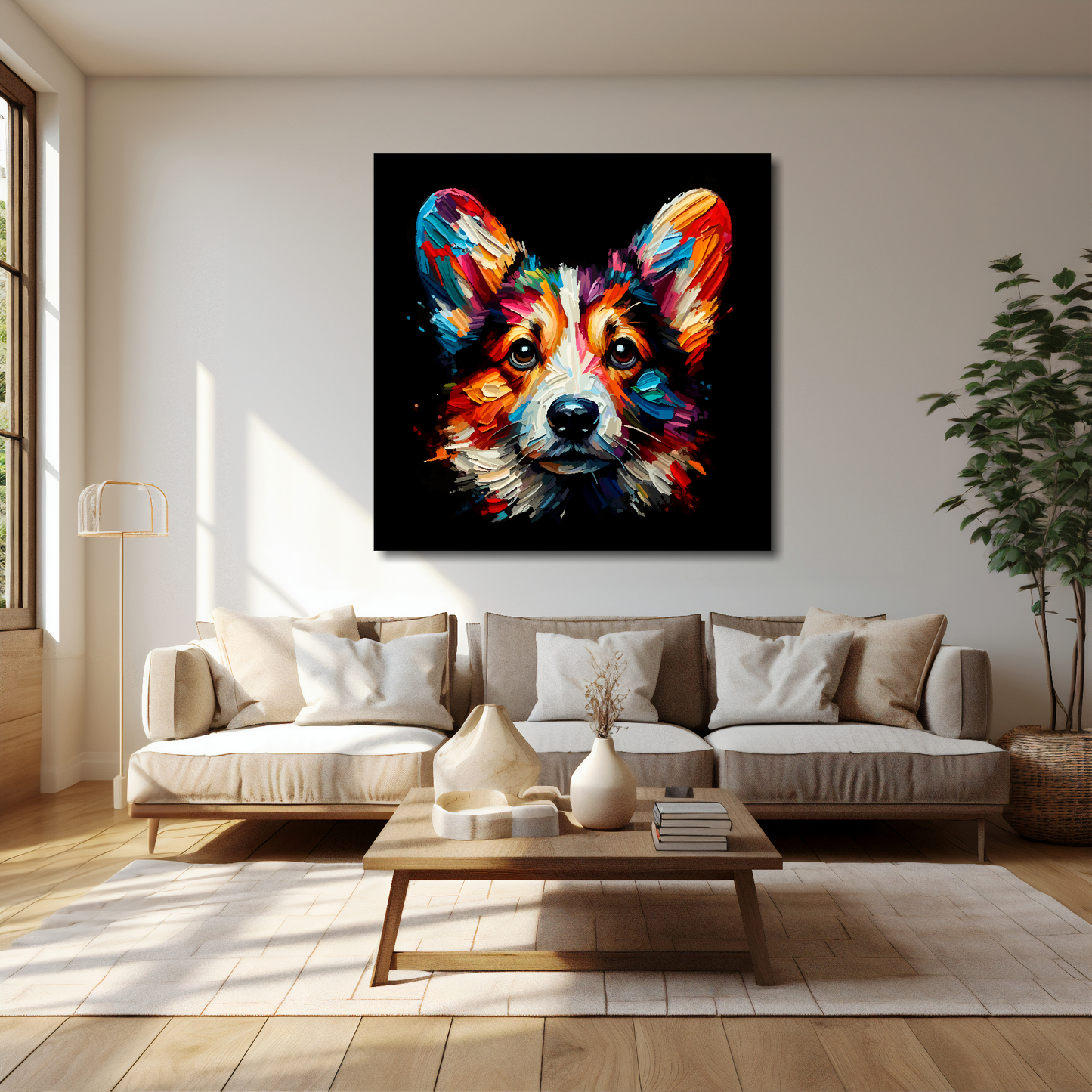 40 inch by 40 inch square canvas featuring a multi-coloured Cardigan Welsh Corgi dog portrait. Mounted on a cream wall above a cream sofa with decorative pillows.