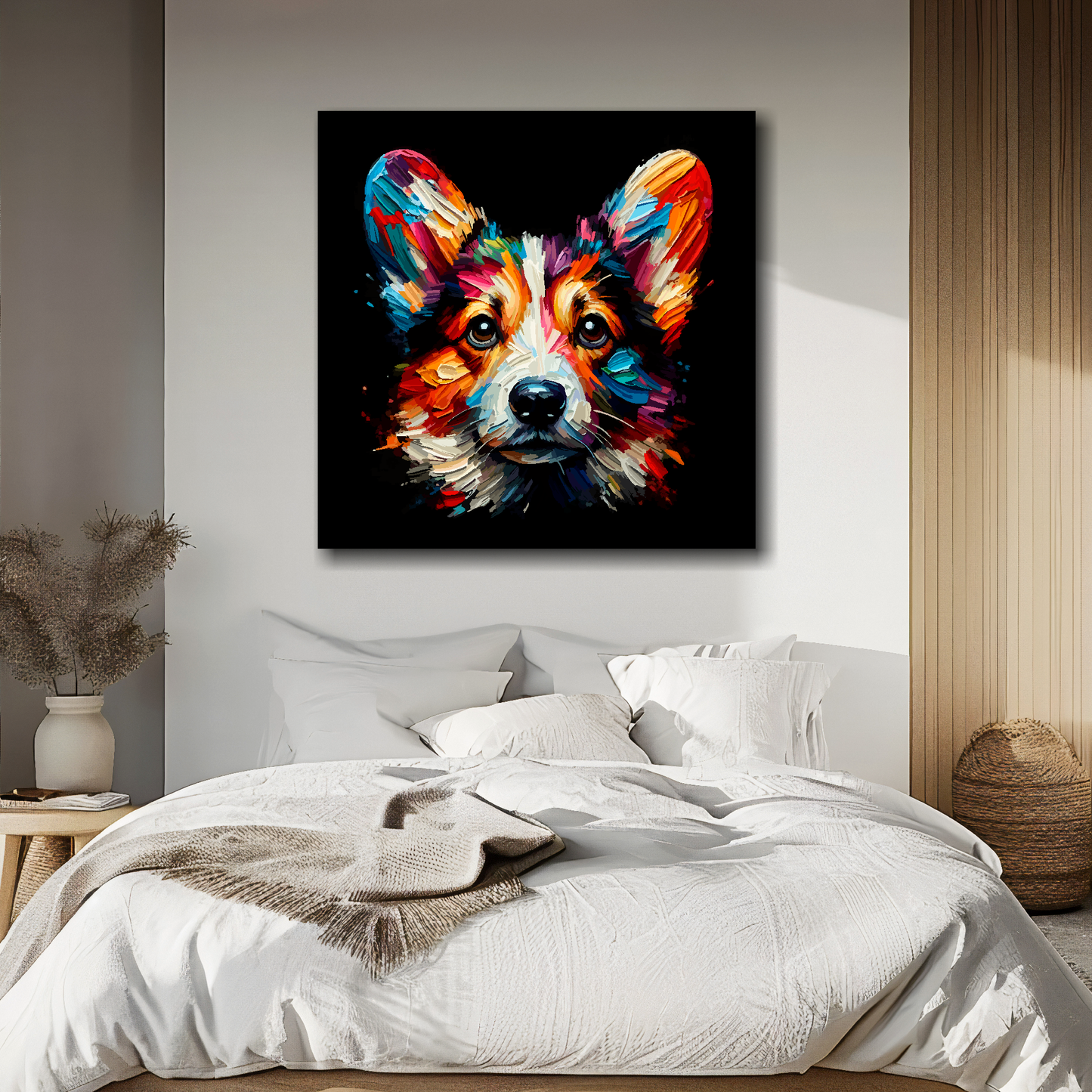 Large canvas featuring a multi-coloured Cardigan Welsh Corgi dog portrait. Mounted on a white wall above a double bed.