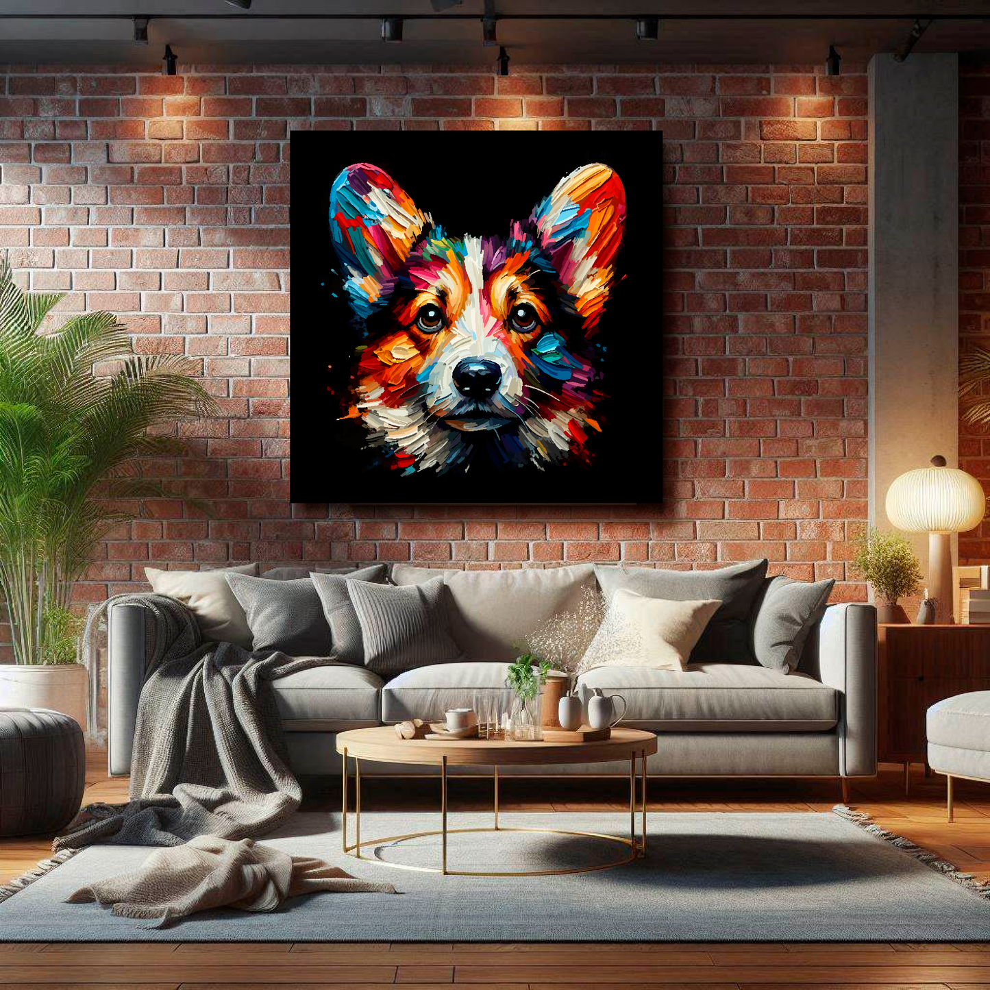 Large canvas featuring a multi-coloured Cardigan Welsh Corgi dog portrait. Mounted on a brick wall above a grey sofa with decorative pillows.