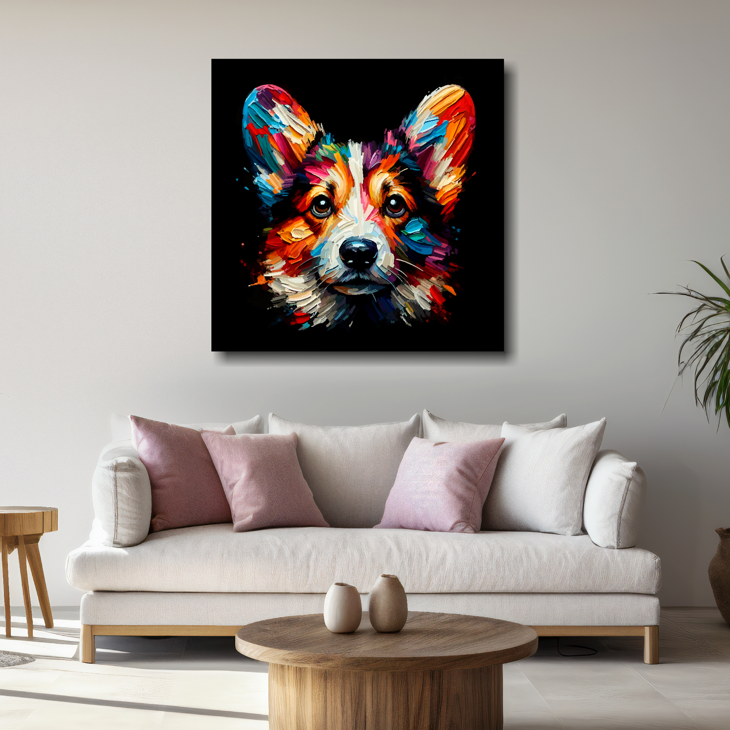 Large canvas featuring a multi-coloured Cardigan Welsh Corgi dog portrait. Mounted on a white wall above a white sofa with decorative pillows.