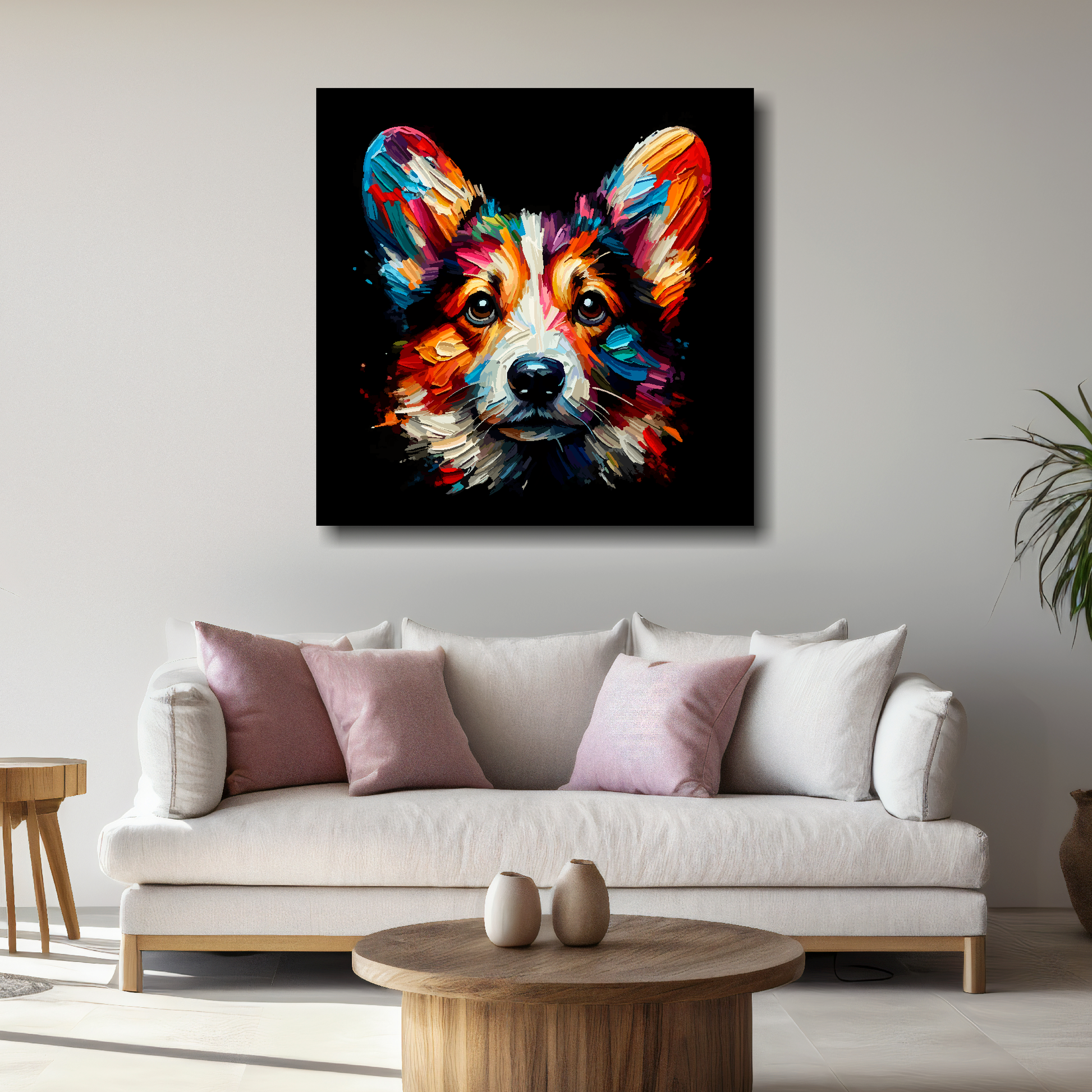 Large canvas featuring a multi-coloured Cardigan Welsh Corgi dog portrait. Mounted on a white wall above a white sofa with decorative pillows.