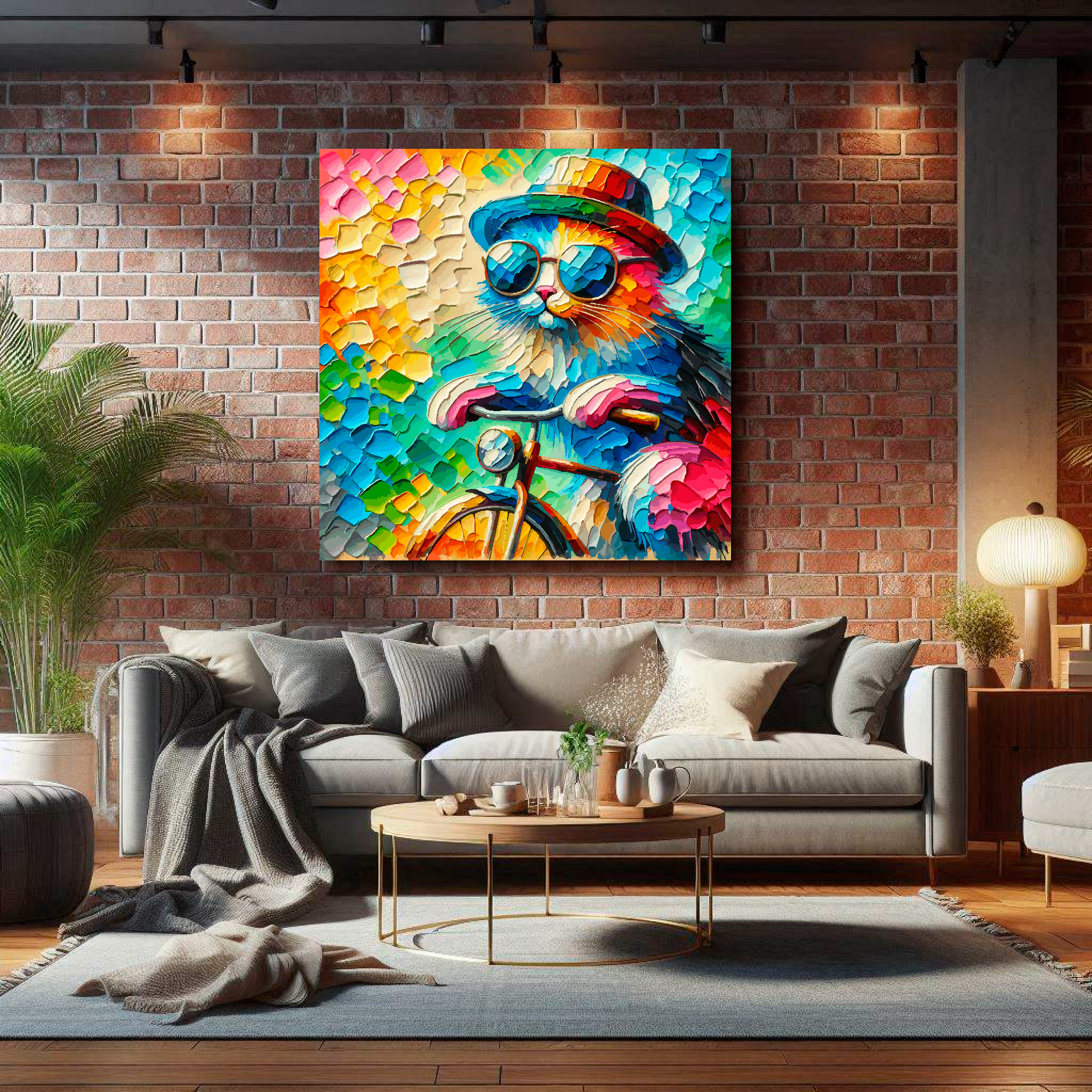 Large canvas wall art - A vibrant multi-coloured painting of a cool Cat Riding a bicycle. Available in 3 large sizes.